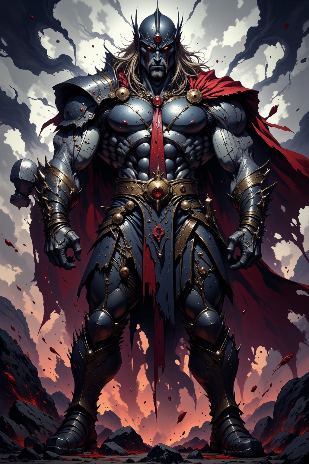 The full body of a dark-skinned minotaur girl, black fur,Red eyes, muscular,with a scar on his abdomen,with knight armor.