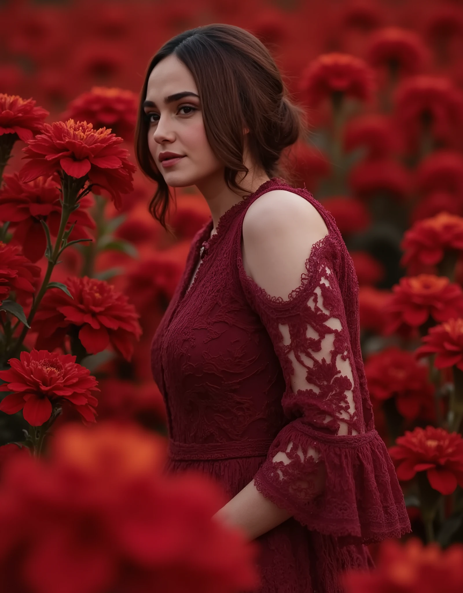 Picture a vast field of richly colored flowers, captured with a vintage film camera aesthetic, giving the image a classic, grainy texture reminiscent of analog photography. In this field, a woman in a dark red, retro-style dress is surrounded by a sea of dense blooms, all in varying shades of red, burgundy, and purple. The flowers fill the scene completely, with no visible foliage, creating an impression of a timeless, endless floral expanse. The colors are slightly muted and the contrasts softened, as if faded over time, to enhance the nostalgic, film-like quality of the photograph.