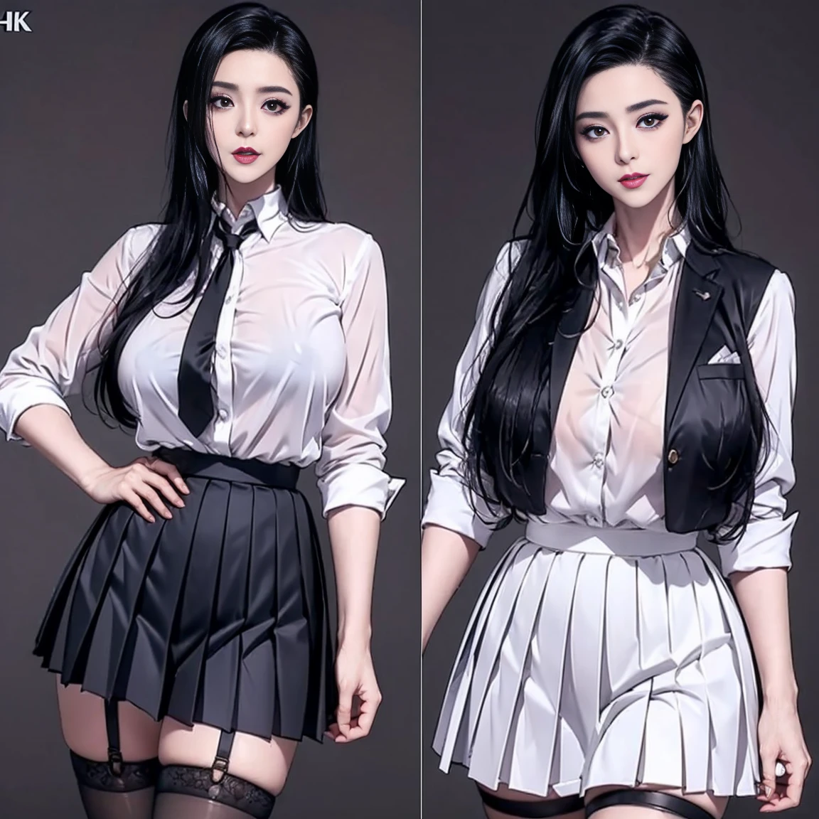 ((RAW photo), absurd, (absurdresolution)), Young woman, 21 years old, (beautiful look, grey eyes, perfect sharp pupil, realistic), (with straight and loose black hair), (black vinyl skirt, white buttoned shirt, ((formal black leather jacket)), tight), handbag, (standing in sexy pose, hands on waist, very pretty, legs open, leg slightly turned, looking at camera, photo from below), Italian countryside exterior, vivid, intense colors, captivating woman, high sensuality,