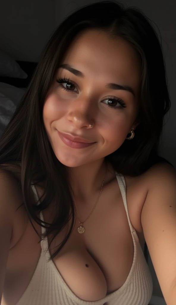 Ultra High Resolution. photorealistic: 0.1.4, Ultra High Definition, pretty face, muy caliente, 19 years old, ((She has elegant black hair flowing down her shoulders and back., a long, thin pink tuft)), ((from the front)), Masterpiece, better quality, intricate, blue eyes, ((Selfie with one hand and the other arm raised showing the armpit))