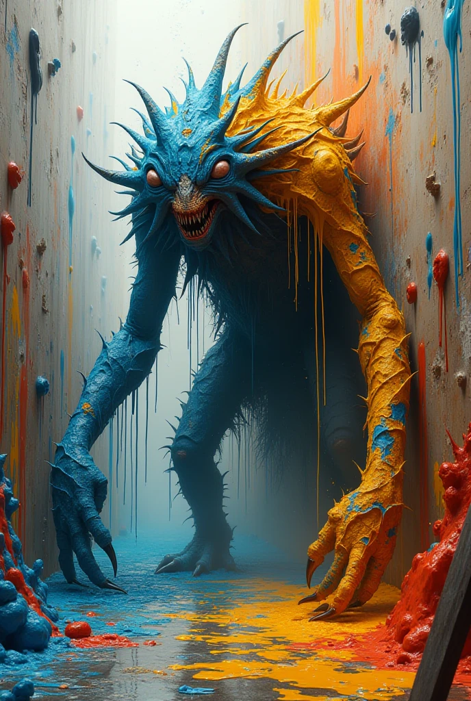 Monstrous entity emerging from dark corner, neon pastel, long shot