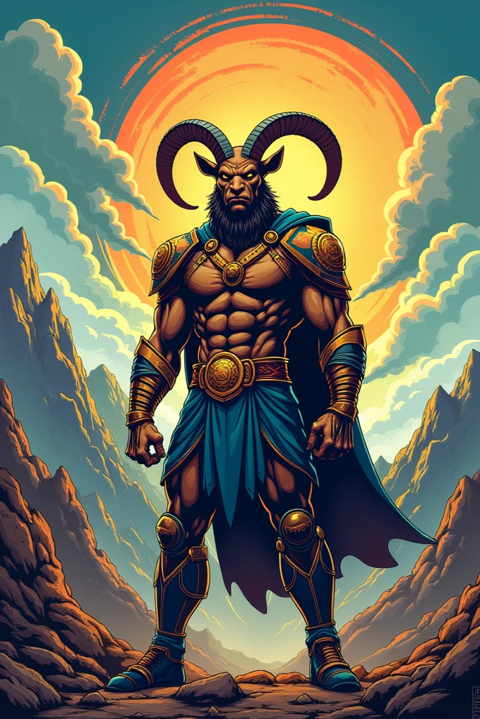Create for me an image of a goat all muscled up in the clothes of a god wearing a light blue cape with two pennants lying on the floor, one red and one green.