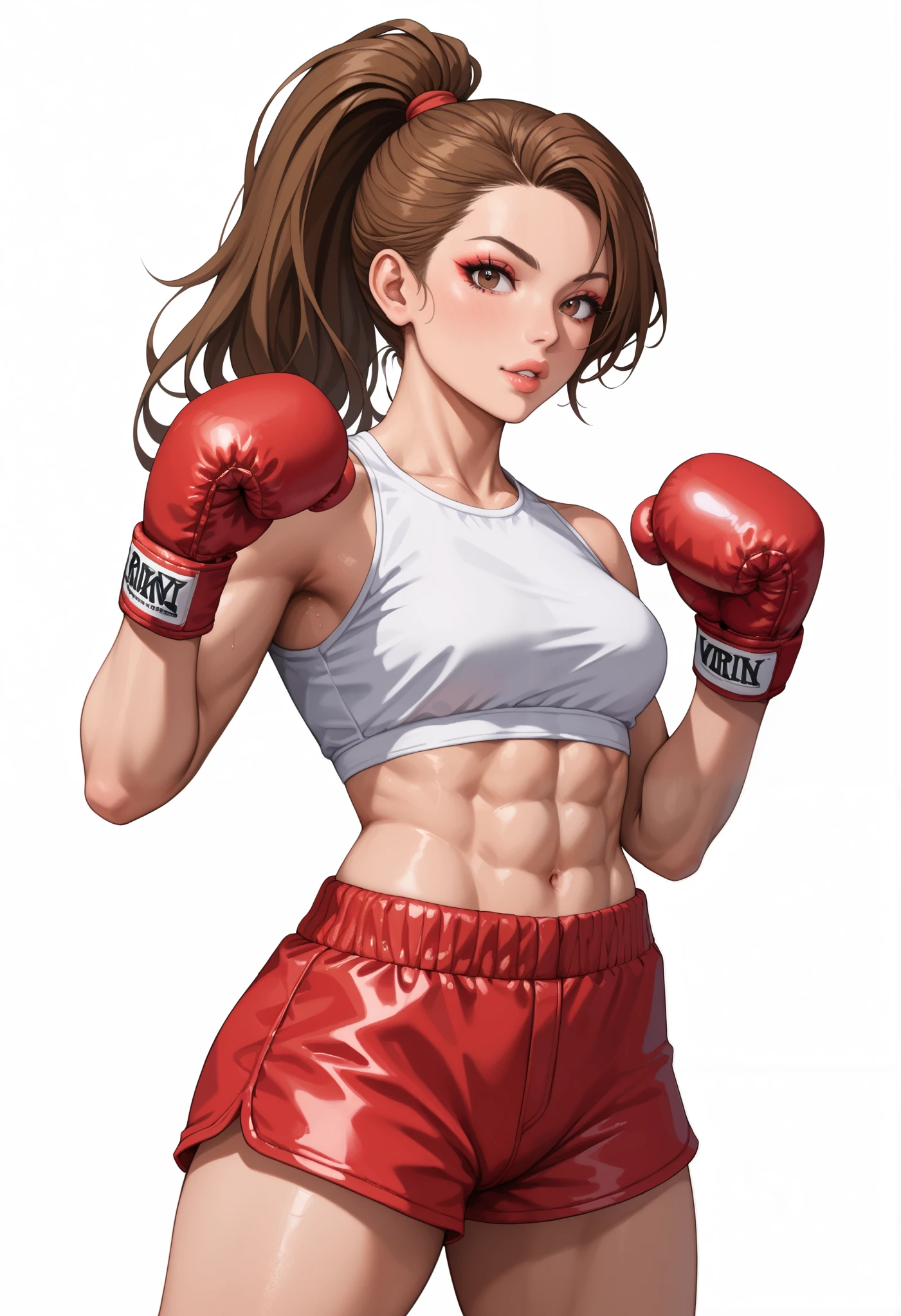 ((White background )) (Curve:1.1) rathing_explicit ,((1girl)) , (solo girl), (Long brown hair with a ponytail), lip stick, makeup, (brown eyes:1.05), (blush:0.3), Age 30 years (Russian girl) ((White crop top:1.4)) ((Red boxing shorts:1.2)) ,tall, long sexy legs, ((thin:0.8)) , ((big breasts:0.2)) muscle ,Boxing pose