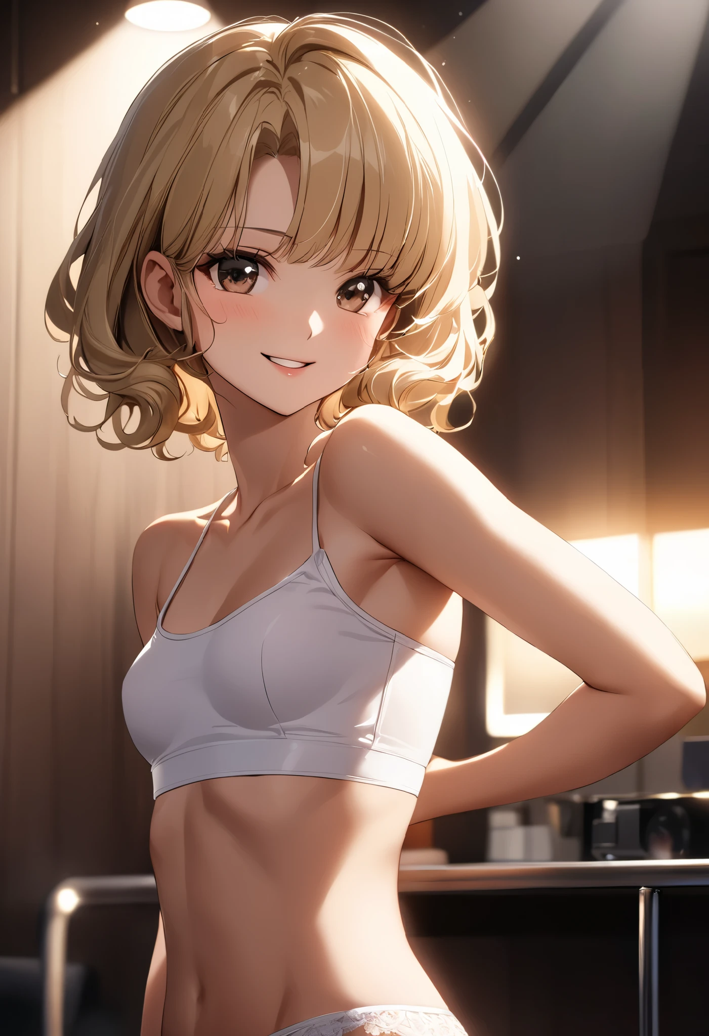2 girls fighting back, body of a slender athlete , small breasts、Blonde hair with dark brown roots ), ( wave bob hair), ( high detail skin texture), ( high detail face), (( Masterpiece)), (( top quality)), (( high detail)), , Rim lighting, cinematic lights, RAW Photos, Mr.々 Poses , Carl Zeiss 85mm F /1.4, by Ellen von Umwelt , smiles, underwear