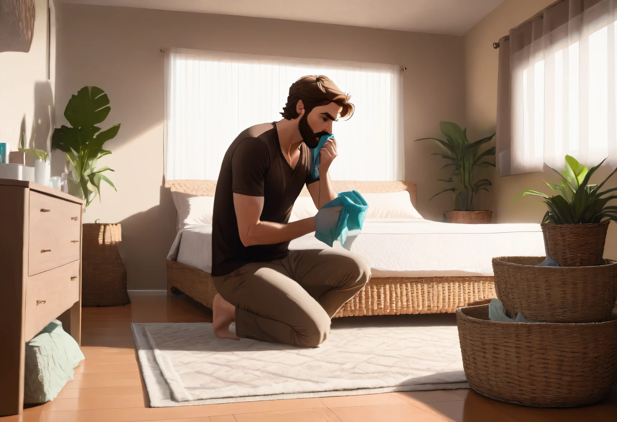 sniffing panties, panties on face, holding panties, (((sniffing panties))), BACKGROUND: BEDROOM, ((30-year-old Man)), mid-30s, facial hair stubble, brown hair, dark shirt, brown facial hair, standing, standing next to basket, wicker basket on the floor, woman's bedroom,