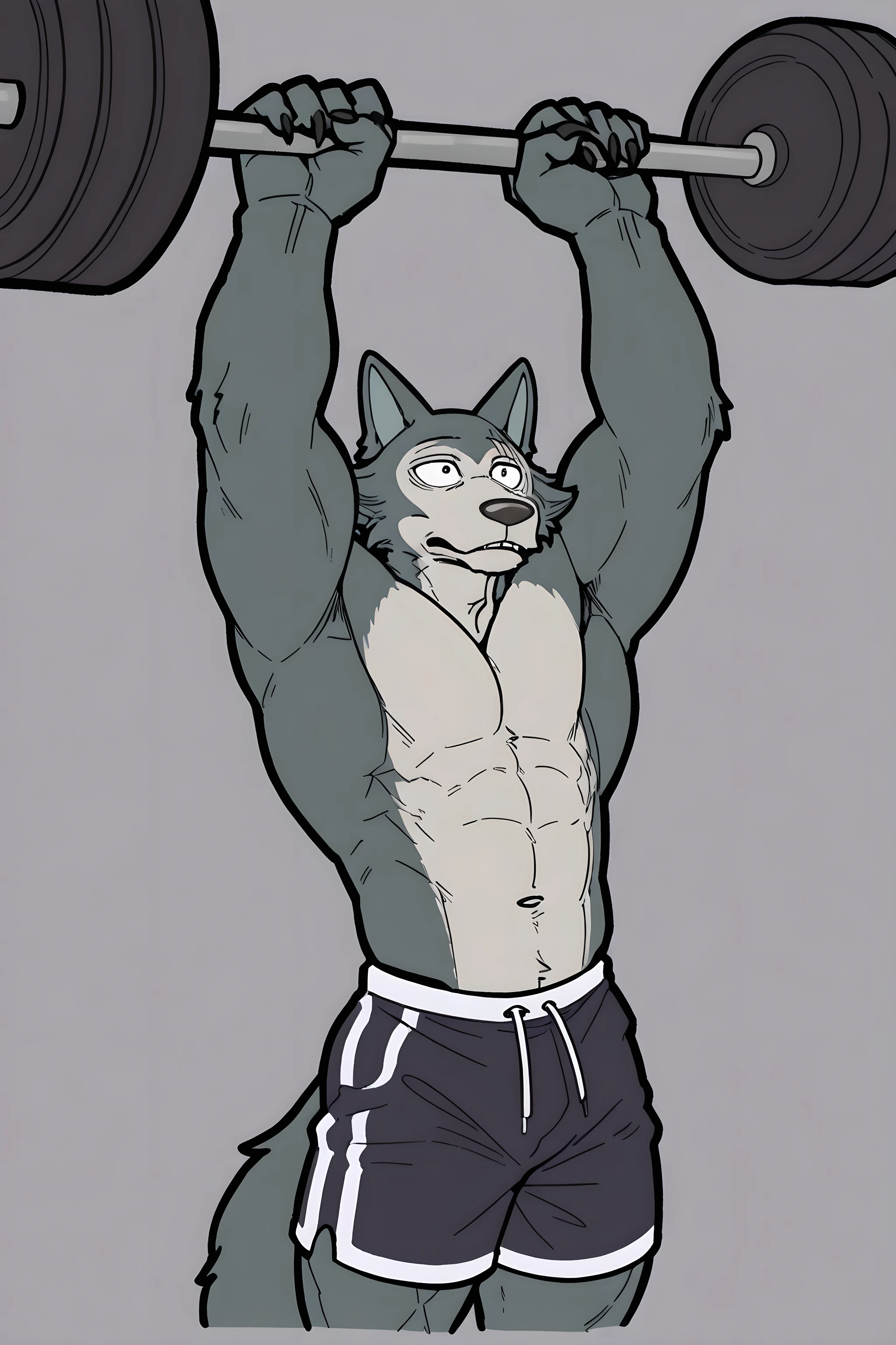 l3gosh1, beastars, male, solo, wolf, muscular, masculine, simple background, posing, (black outline), half body, half view, shorts, lifting weights, working out, looking up, arms up