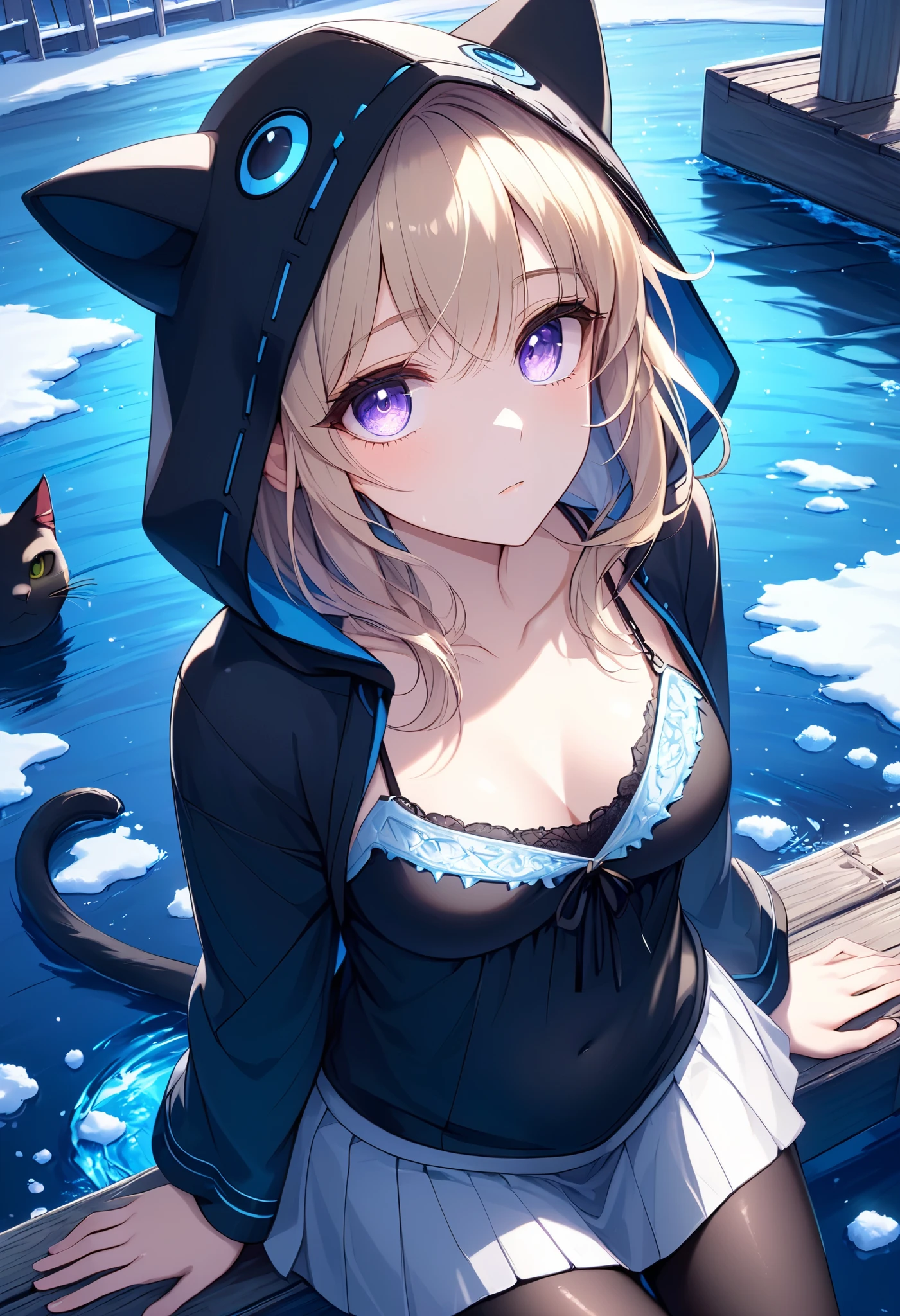 High Resolution, High Quality, High Detail, frozen dock, night, 1girl, blonde hair, violet eyes, medium breasts, black cat hood, black cloak, black camisole with blue trim, grey skirt, black leggings, sandals, looking at viewer, arms behind back, reaching for viewer, side profile, feet in water, zoom in, sitting on dock, sitting beside viewer, viewer beside girl
