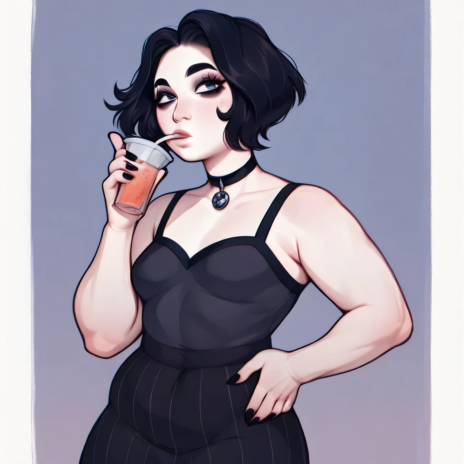 masterpiece, best quality, high quality, doomer girl, goth gf, standing, plump, drinking milkshakes, beautiful face, night background