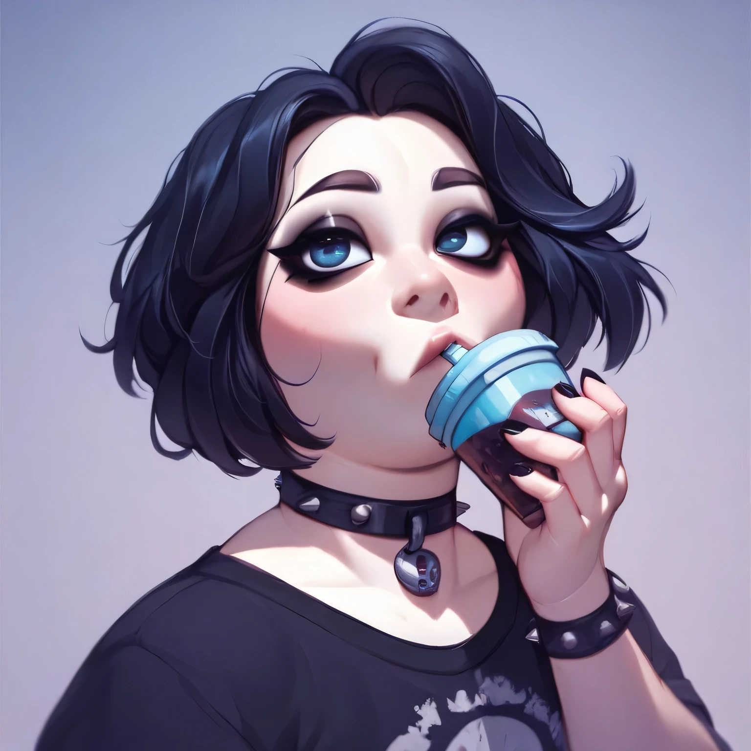 masterpiece, best quality, high quality, doomer girl, goth gf, standing, plump, drinking milkshakes, beautiful face, night background