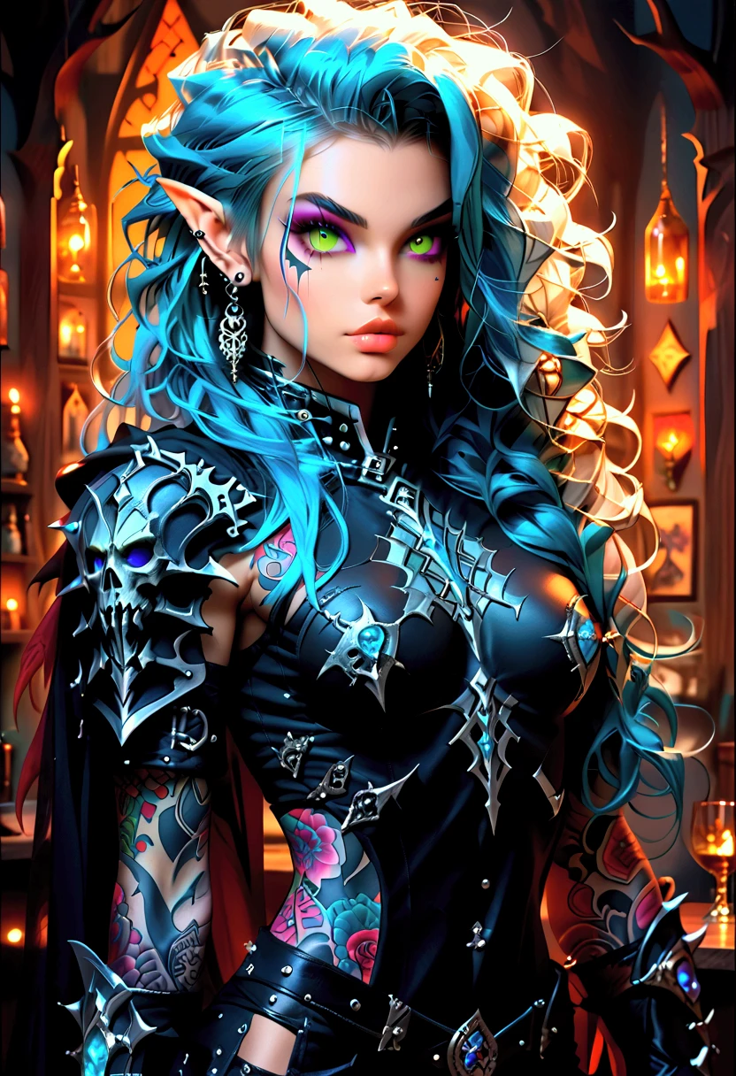 Arafed, Dark fantasy art, fantasy art, goth art, a picture of a of a tattooed female elf near her motorcycle (masterwork, best detailed, ultra detail: 1.5) the tattoo is vivid, intricate detailed coming to life from the ink to real life, GlowingRunesAI_paleblue, ((fire surrounds the motorcycle: 1.5)), ultra feminine, ((beautiful delicate face)), Ultra Detailed Face, small pointed ears, dynamic angle, ((the back is visible: 1.3), she wears a transparent black dress, the dress is elegant, flowing, elven style, that the tattoos glow, dynamic hair color, dynamic hair style, high details, best quality, 16k, [ultra detailed], masterpiece, best quality, (extremely detailed), dynamic angle, full body shot, faize, drkfntasy, Digital Painting, Intense gaze