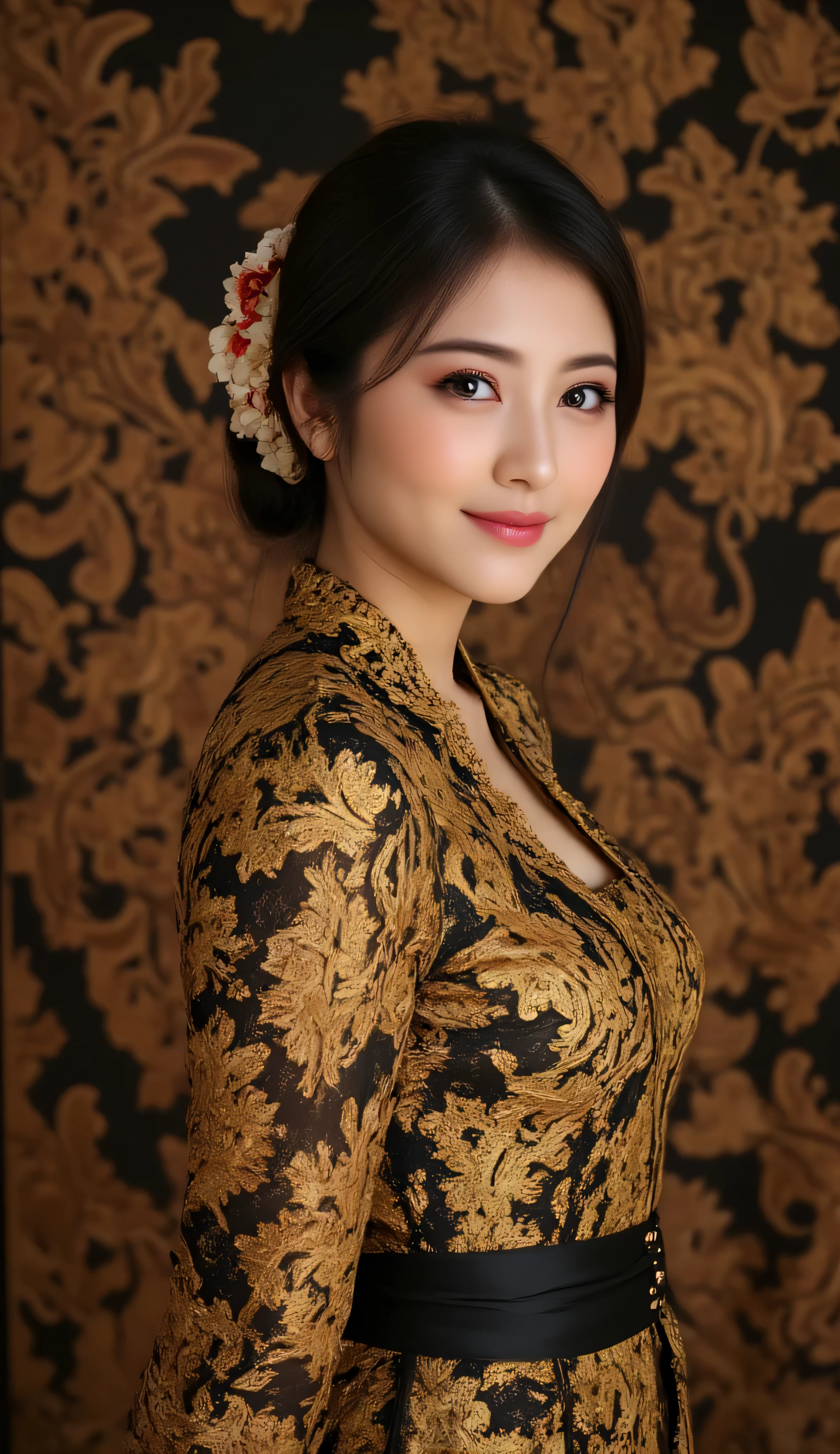 (RAW Photo), (Full shot, Full Body, Side View Focus), (Asian Adult Female, Smile, Simple Makeup), (Black Hair, Hair Bun, Hime Bangs), (Natural White Skin, Body Is Quite Fat, Medium Breasts, One-person), (Indonesia Kebaya Dress: Gold-Black Indonesian Kebaya Dress), (Indonesian Batik Fabric: Brown-Black Indonesian Batik Fabric), (Long Length, Elegant, Embroidered, Decoration, Fascinating), Cinematic Lighting,