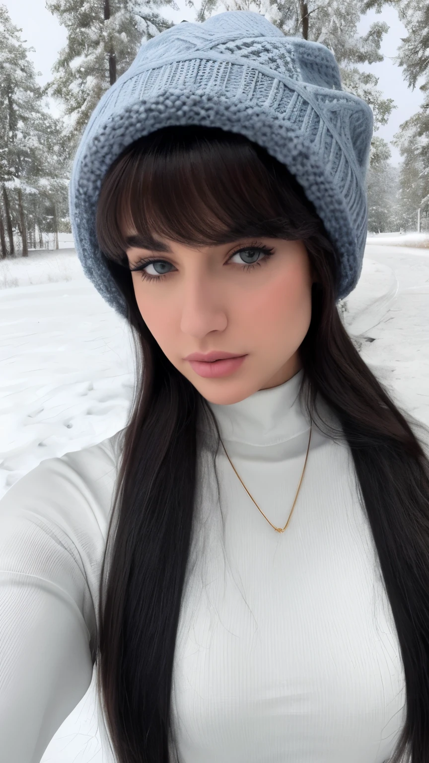 [woman], [ 19 years old ], [ Alina Ricci ], [ blue eyes ], [waist-length hair, with bangs, straight and black ], [body with generous curves], [She wears a tight white knitted jumpsuit, a long white quilted coat and a white woolen hat. Her dark hair contrasts with her light clothing and she wears a delicate gold chain around her neck. The setting is serene, with cloudy skies and cold tones dominating the scene. Snow covers the ground and trees, creating a sophisticated, minimalist winter look. , [ selfie ], [ photography ], [ pale white skin ]