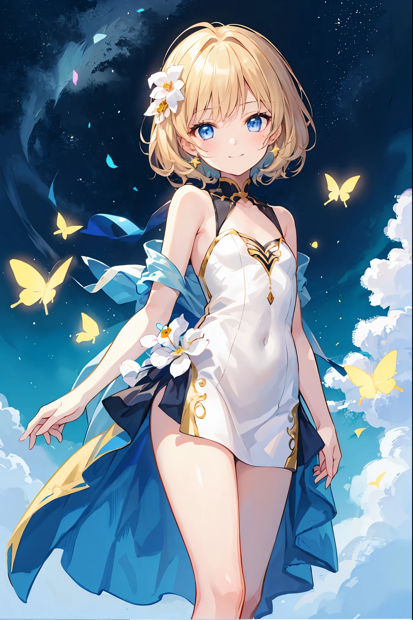 Lumine has pale blonde hair. Her hair is cut in a short and choppy bob with two longer shoulder-length locks of hair framing her face, with two light blue Inteyvat flowers pinned to the right of her head and two pale blue feathers tucked at the left.
Her color scheme consists of white, light blue, and gold. She wears a sleeveless, backless, box pleated white dress held up by crossed black straps. She wears a long two-tailed scarf, with each tail having a gold, flat diamond-shaped ornament attached to the tip of the tail. Her legwear consists of angled thigh-high stockings and white ankle-high boots. SPARKLE; GLITTER