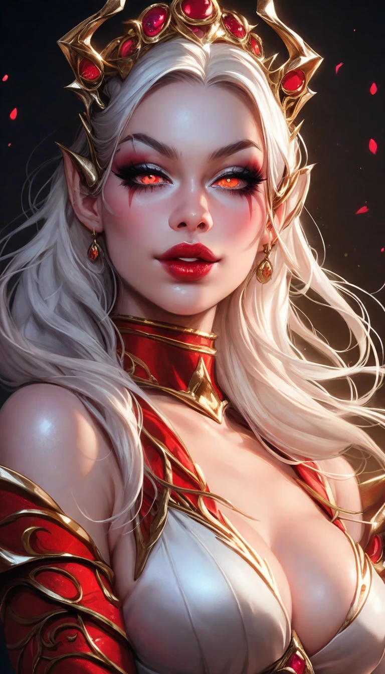 (masterpiece, high quality:1.1), extremely detailed, ambient,
SallyWhitemane, 1girl, mature female, FeelsGood, closed eyes,
determined,
white hair, long hair, closed eyes, jewelry, (eyeshadow:1.3),
hat, shoulder armor, (two-tone leotard:1.2), gold trim,
red background,
