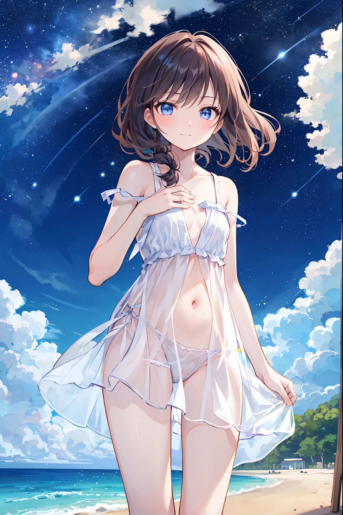 masterpiece, highest quality, Illustrations for novels, High resolution, 18+ Adult content, Sensual, Intimate, Emotional, Passionate, romantic, sweet, Adorable, Innocent, Pure, Fascinating, Fascinating, attractive, Mysterious, Fascinating, Fascinating, Immersive, Fascinating, dream-like, , ((Cowboy Shot)),(((A woman camping under a starry sky)).