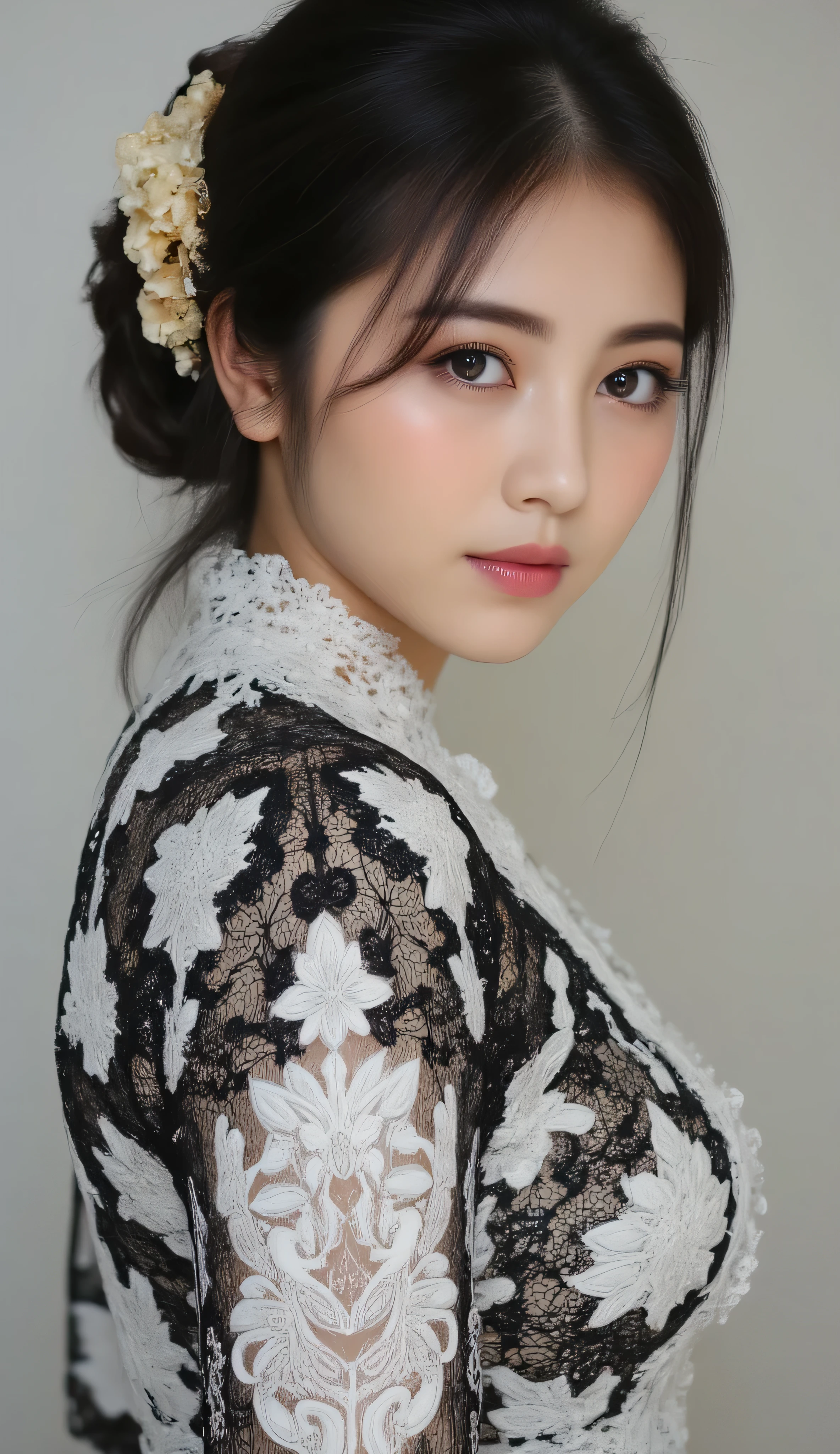 (RAW photo,) (Full shot, Full Body In Frame, Side view focus, facing forward), (Asian Adult Female, Simple Makeup, Hime Bangs, Black Hair, Natural White Skin, Body Is Quite Fat, Medium Breasts, One-person), (Indonesia Kebaya Dress: White-Black Indonesian Kebaya Dress), (Long Length, Elegant, Embroidered, Decoration, Fascinating), Random Posing, Sexy),