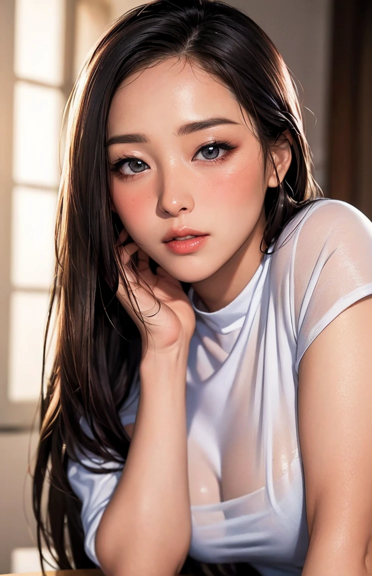 analog style, model shoot style, RAW close portrait of a 1girl, ((beautiful face: 1.7, bottom-shot, perfect face:1.3)), (from above:1.2), best quality, epic (by lee jeffries photo, sony a7, 50 mm, pores:1.5, colors, hyperdetailed:1.5, film grain:1.4, transparent outfit which nipple are visible, hyperrealistic: 1.5), hyper-realistic lifelike texture, masterpiece, unreal engine 5, Extremely detailed CG unity 8k wallpaper, realistic eyes, Madly detailed photo, (ecstasy of light and shadow, deep shadow), (Winner of the Pulitzer Prize for Photography and Taylor Wessing Photographic Prize), sweaty face, sluty expression, hot lips, sexy lips, nfsw , sexy boobs, , glossy lips, wet and oily lips, nipple showing through dress, Bokeh bluer in background, bokeh blur, breast show, wearing ful red t-shirt, camera distance 340 cm, ultra realistic detailed face and hair, ultra realistic eyes, pressing her own boobs, standing position, inside of home, in a red long t shirt, full-body-shot