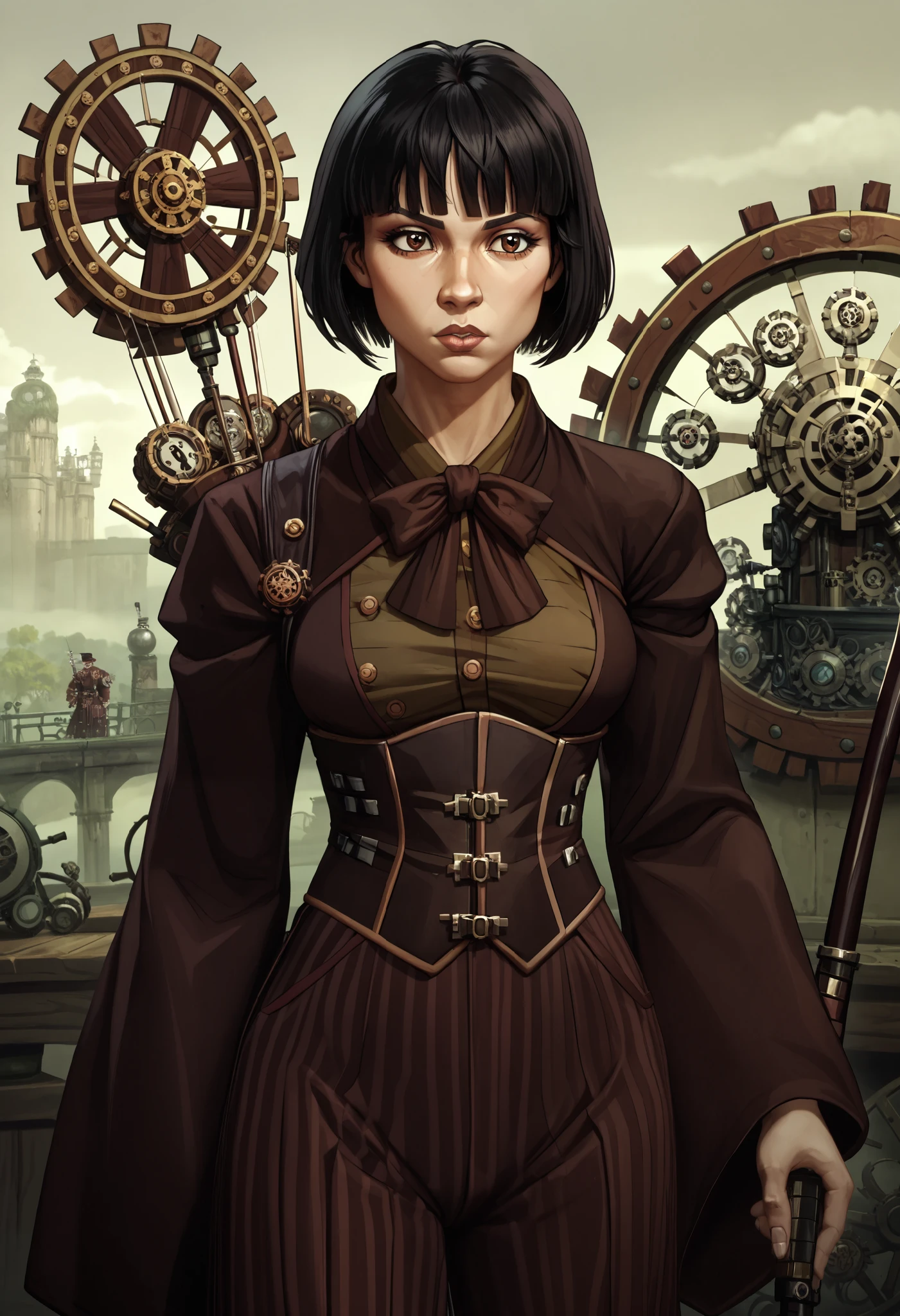 score_9, score_8_up, score_7_up, source_anime, 1girl, kikyoinu, holding bow \(weapon\), bob cut, steampunk, clockwork, victorian, steampunk clothing, magitech, black hair, brown eyes, blunt bangs, sidelocks, miko, wide sleeves, long sleeves, hakama, striped clothes, japanese clothes, bow \(weapon\), holding weapon, archery, 4rc4n3s2styl3, arcanes2style, arcane s2 style, gears, cowboy shot