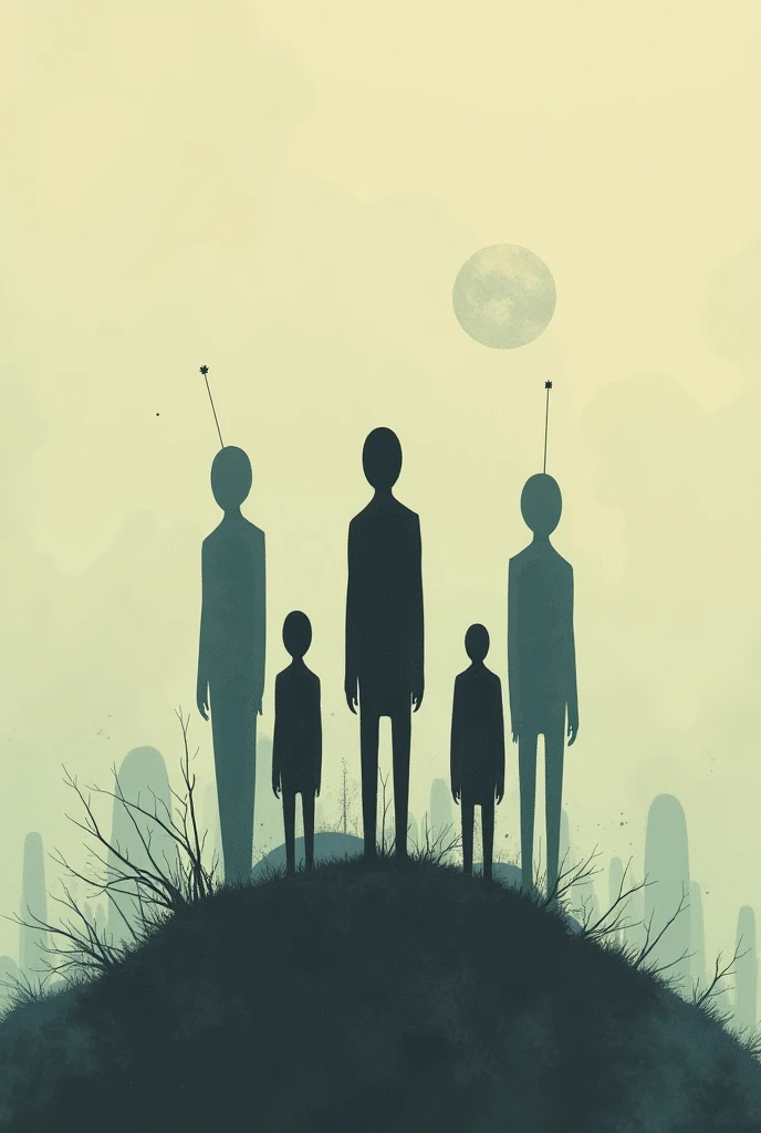 "In the minimalist graphic style of Olly Moss, create an illustration of the first challenge from the series Squid Game. The composition should have the main character in the foreground, seen from behind, standing still. In the middle ground, show several other participants also frozen in place. In the background, depict the giant doll with glowing red eyes, flanked by armed guards on either side. In the distant background, include a barren, leafless tree. The predominant colors should be red and yellow, with strong contrasts to heighten the tension and eerie atmosphere of the scene."