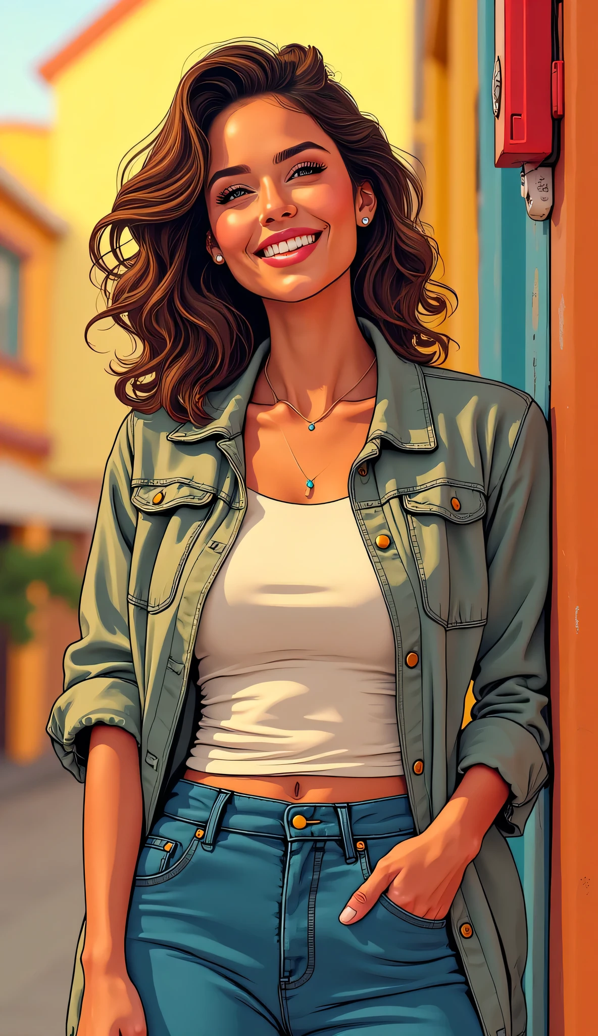 Arafed woman in a green jacket and jeans leaning against a wall - SeaArt AI