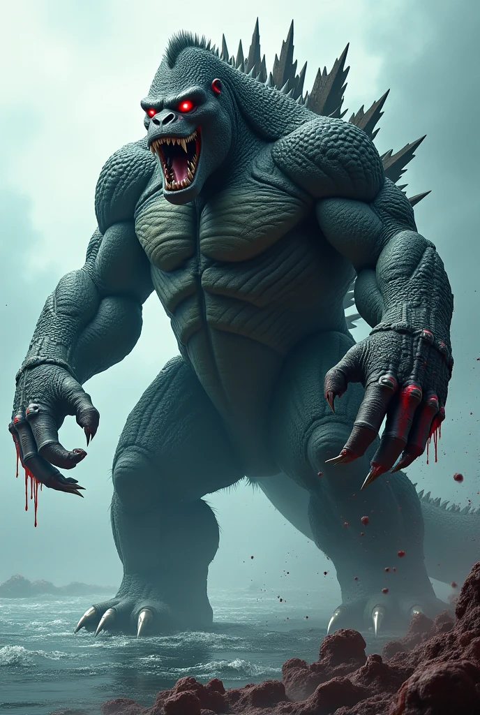 (Gore), Godzilla, defeat, Dying lying, (Dismember,) (stomach cut), (Blood gushes out), (Screaming with a pained expression), Wounds all over the body, Face also injured, Blood dripping from the wounds, Vomiting a large amount of blood,(1body),The lower half of the body is obliterated.