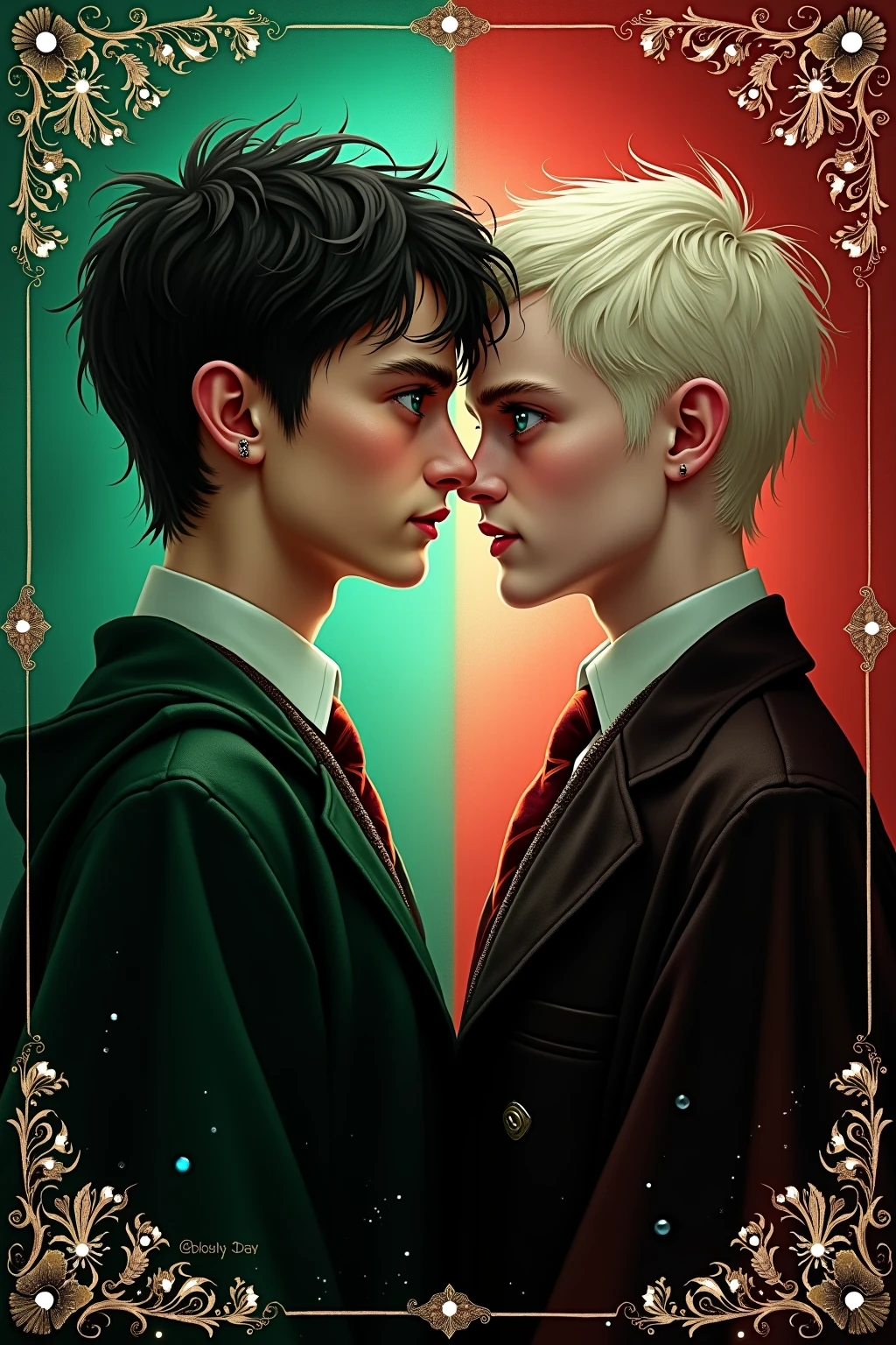 Draco Malfoy and Harry Potter kissing each other im the lips, both of them with the Slytherin uniform. Made it look more like a drawing, upthehill art style.