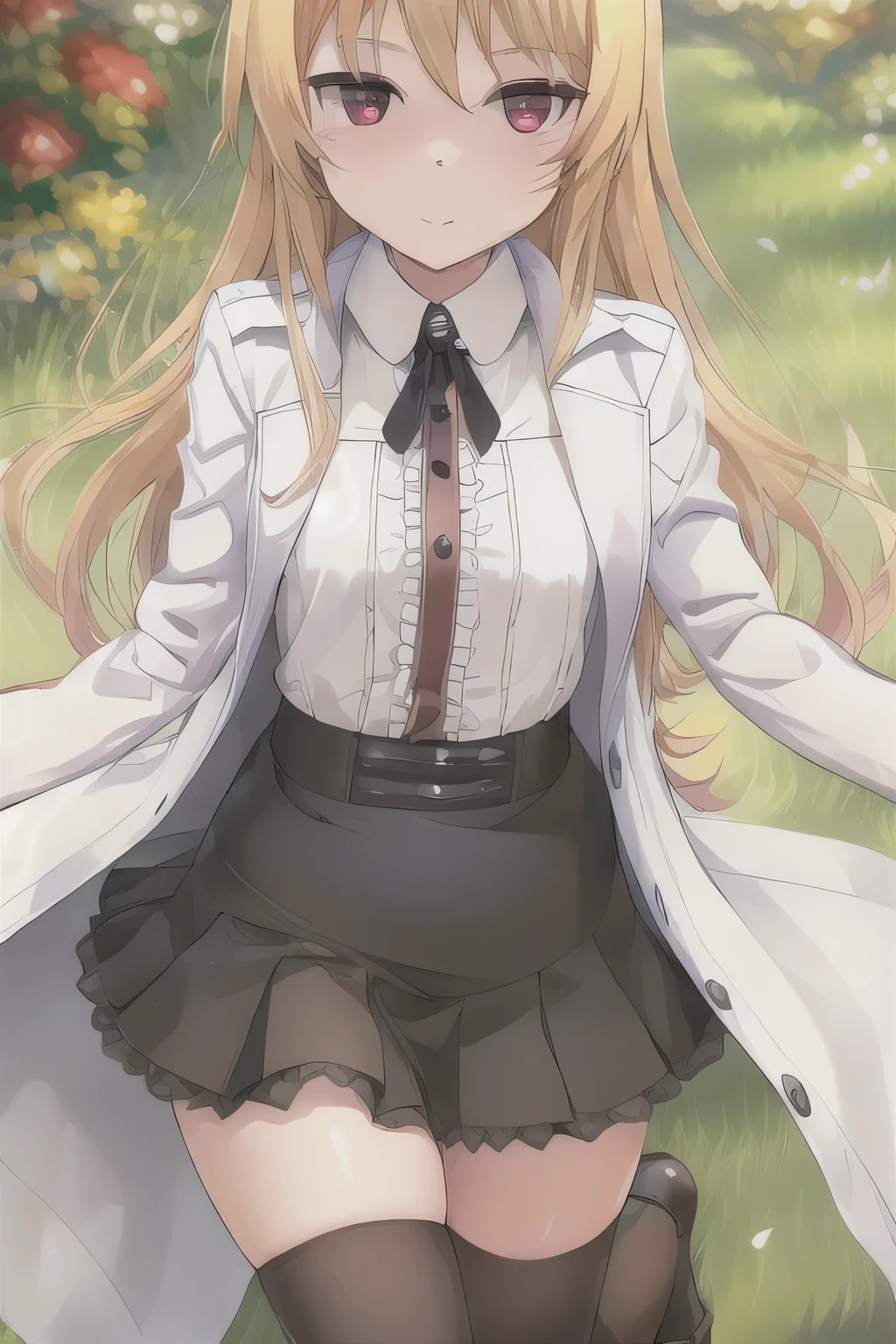 Masterpiece、 top quality、 1 girl、solo、 lori、Yue( common )、 blonde、 very long hair、 red eyes、 hair bow、 white coat、 white shirt 、neck ribbon、 miniskirt、 black skirt、 black knee socks、 Scenery、Outdoors、 Dynamic Poses 、sunlight、