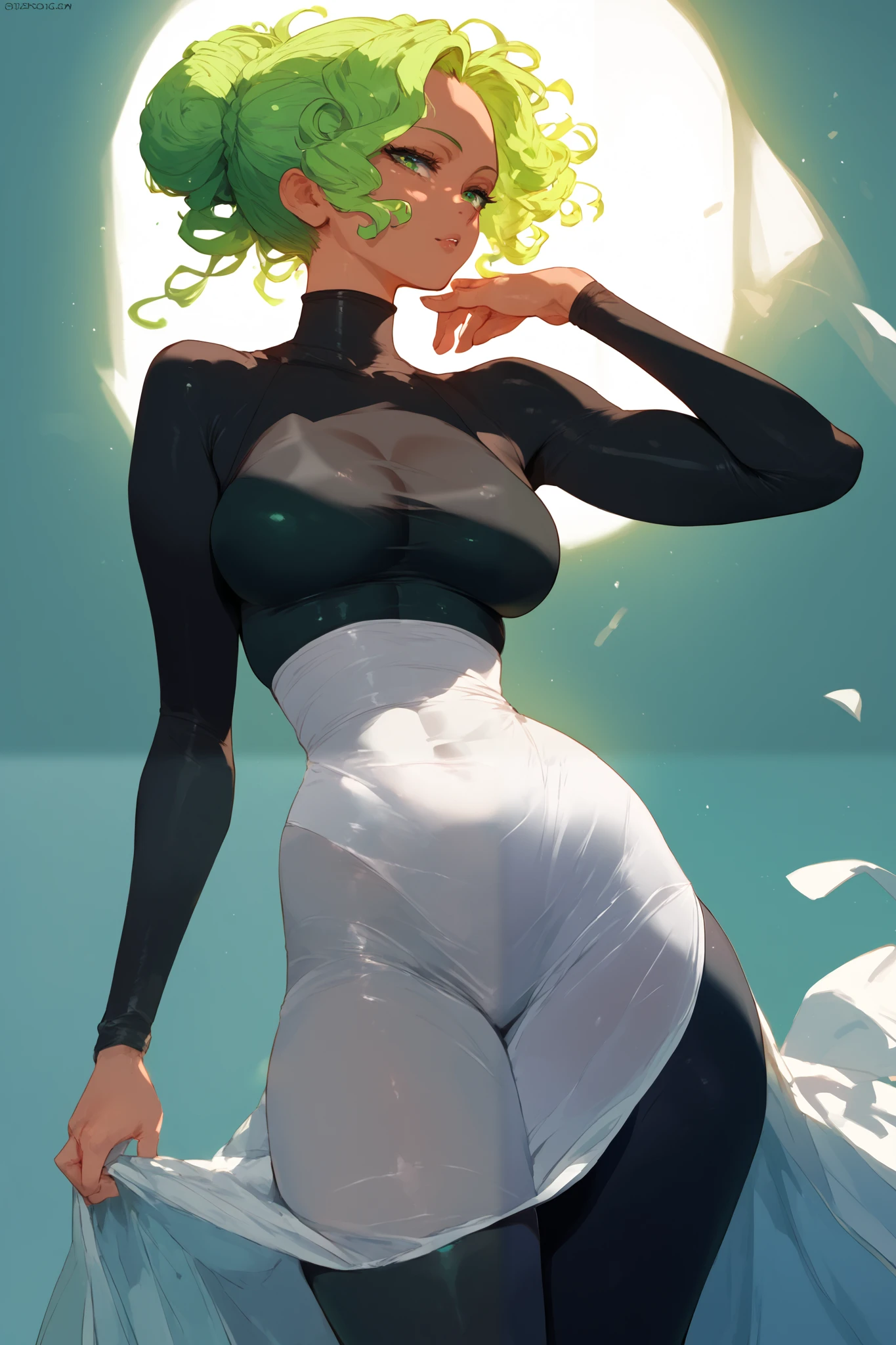Woman, white skin, tan lines, green hair, curly hair, Hair tied in a bun, , green eyes, anime style, Black bodycon dress