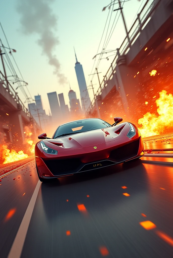 Isometric, A high-speed ferrari chase erupts in the heart of a bustling metropolis, skyscrapers glittering as fiery explosions reflect on their glass facades, crowds of people scatter in fear, Michael Bay, vivid colors, harsh lighting, intense and thrilling atmosphere