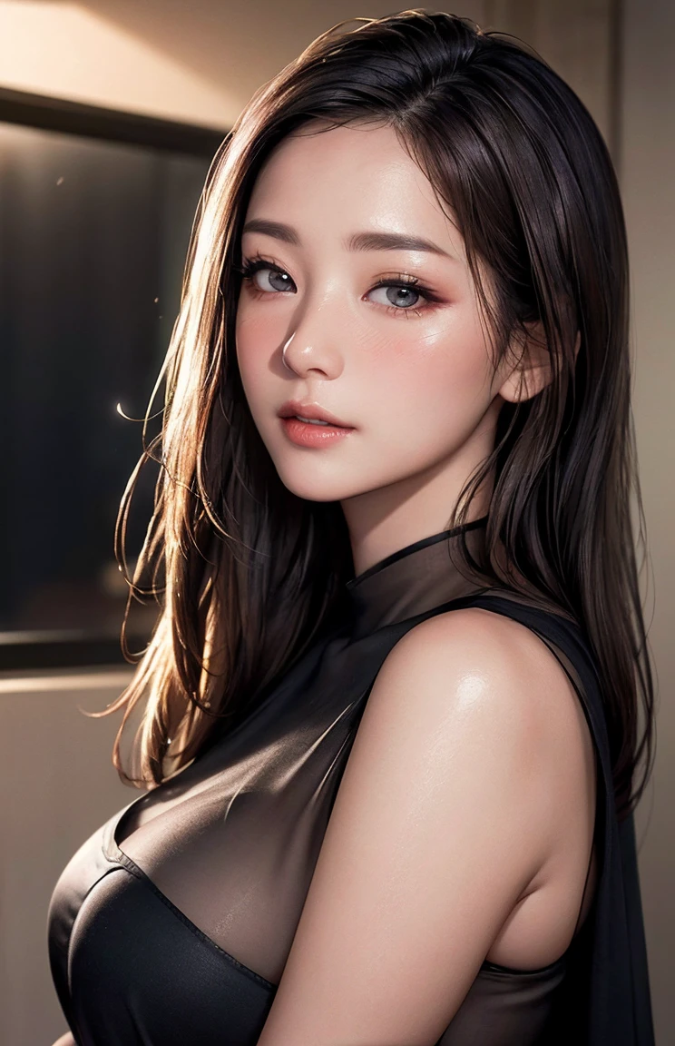 (masterpiece), (Best image quality), 8K resolution, Ultra-fine, 超Ultra-fine, realism, realism, 22 years old、 Small face, No makeup、Beautiful Face, Dark brown hair, Beautiful and beautiful eyes, Big Breasts, 、Silk dress、Cool pose、Gray background,One woman