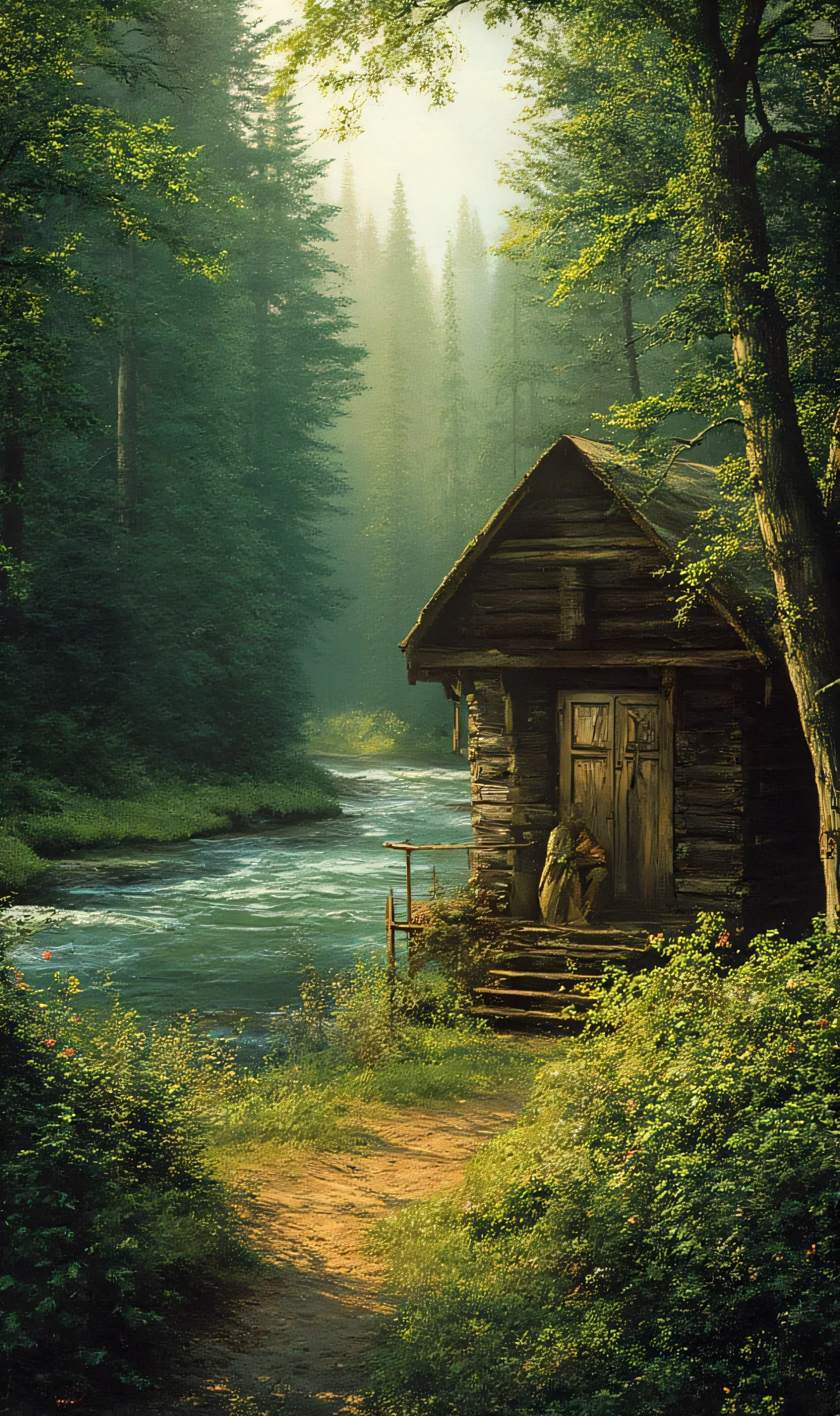 a lonely and rustic wooden cabin in the middle of a dense forest, with flowers and various plants and large trees, in front of a river with crystal clear waters, close to the door of the cabin there is a man sitting on a wooden chair