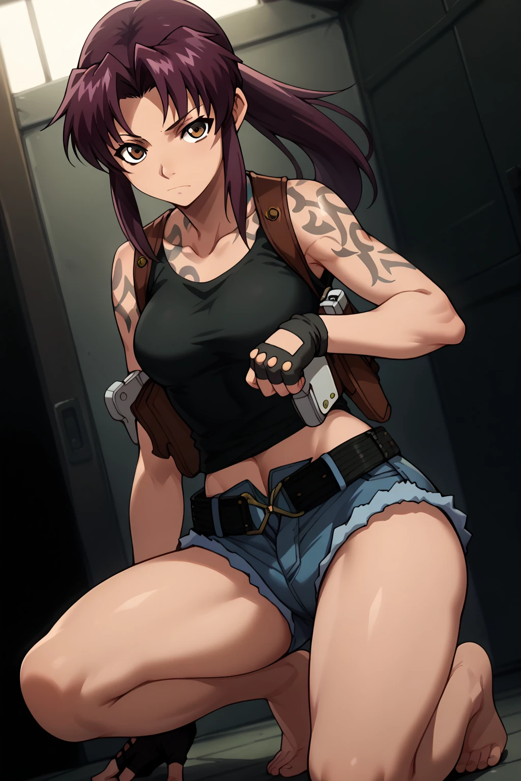 anime screencap, score_9,score_8_up,score_7_up, source_anime, anime coloring, BREAK 1girl, solo, revy, purple hair, brown eyes, shoulder tattoo, long hair, ponytail, tank top, midriff, short shorts, unbuttoned fingerless gloves, indoors, ship cabin, flashing, lifting shirt, medium breasts, nipples, topless, smirk, looking at viewer, upper body,
