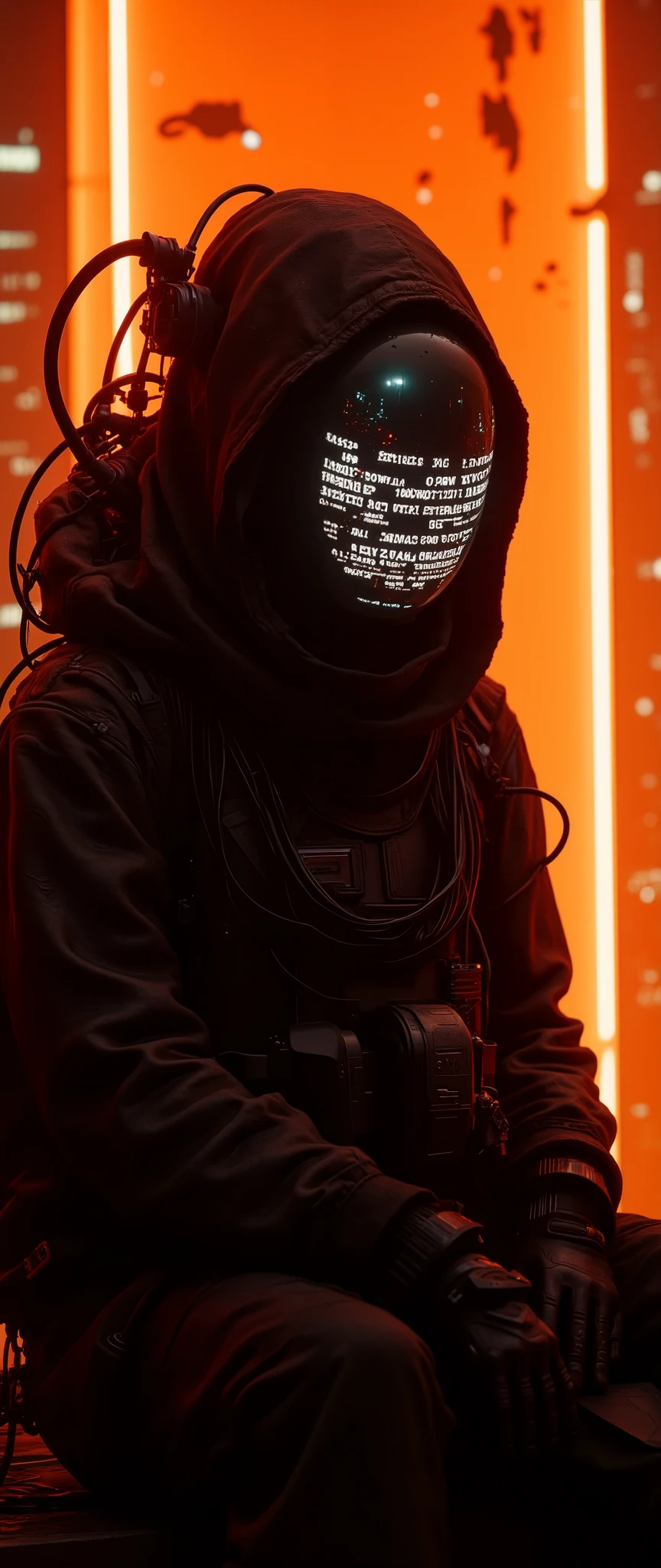 stunning tangarine cityscape apoclypse A cyber information scout clad in dark mechanical armor, equipped with advanced visual devices that hide their face behind a glowing display - ASCII art is visible on the screen. A luminous, tangerine neon-lit background enhances the scout's silhouette. The detailed gear and wires extending from the armor seamlessly integrate with the surroundings. The overall style emanates a futuristic and tech-driven atmosphere, with a subtle dystopian touch