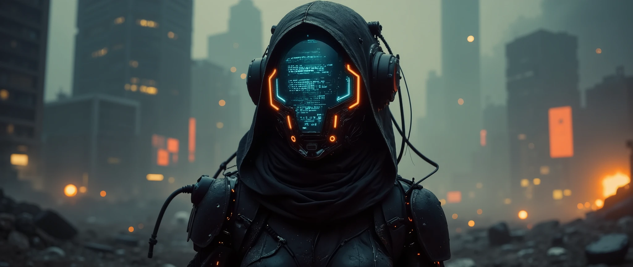 apoclypse
cyber information scout, dressed in sleek, dark mechanical armor with intricate, weathered details, stands in a dynamic pose. The armor is adorned with glowing neon accents in electric blue and vibrant tangarine highlighting its advanced technology. The scout's face is concealed by a high-tech visor that displays a glowing ASCII art, shifting subtly in real-time, giving a playful yet mysterious vibe. The visor is surrounded by a network of holographic interfaces, projecting streams of data, sound analysis and cryptic symbols. The scout's armor is equipped with an array of advanced visual devices, including telescopic lenses, infrared scanners, and augmented reality overlays, all integrated seamlessly into the design. Wires and cables extend from the armor, connecting to a portable data hub strapped to their back, emitting a faint hum of energy. The background is a bleak, dystopian cityscape, dominated by a palette of faded tangarine and deep black, with towering skyscrapers and flickering neon signs in the distance. The scout's silhouette is accentuated by the contrast of the glowing armor against the dark, smoky atmosphere. The scene is illuminated by sporadic bursts of light from distant explosions or passing drones, casting dramatic shadows. The overall style is hyper-futuristic, blending cyberpunk aesthetics with a touch of retro-futurism, creating a visually striking and immersive tech-driven atmosphere. The image should evoke a sense of mystery, danger, and cutting-edge innovation