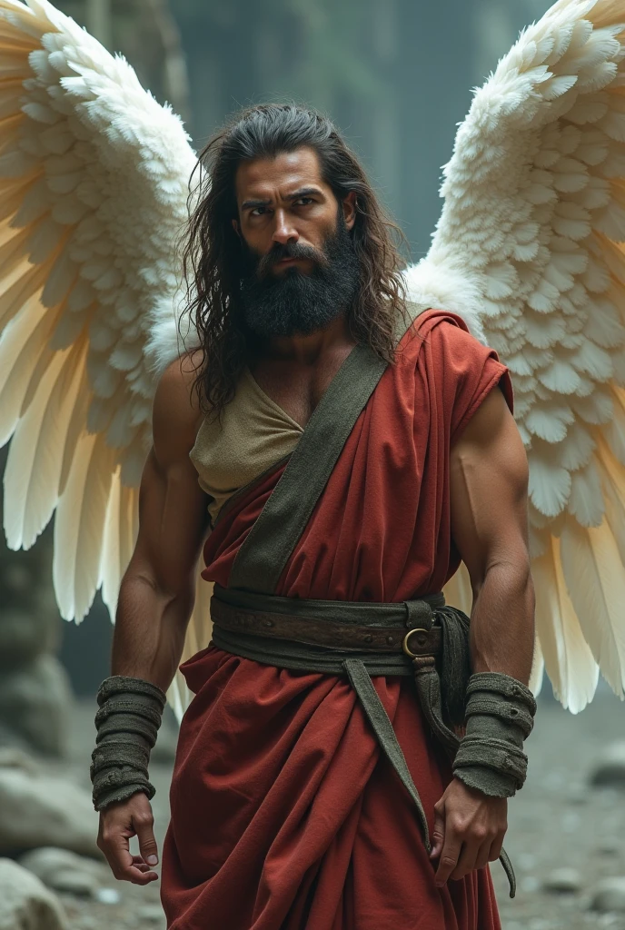 masterpiece, (best quality:1.2),(Ashley Wood Style:1.2),(Nick Vicesi Style:0.6), (Clear focus:1.2),Male angel, Wings spread, muscular, beard, Textured Skin, Death Stare, Bloody wounds, ((Holding a Giant rusty axe)).Solar eclipse background, Simple golden background, Movie Lighting, glare, Photon Mapping,