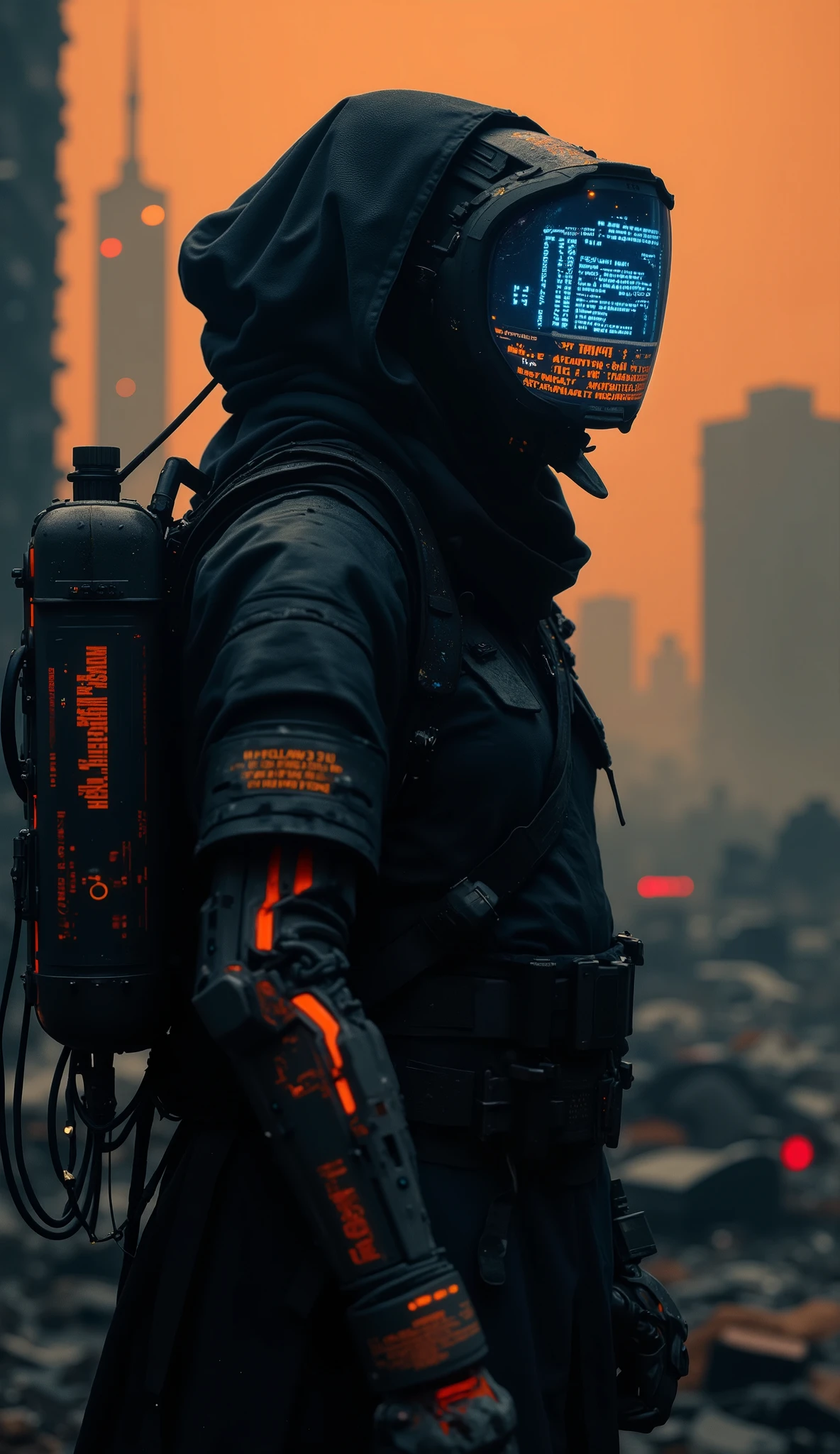 apoclypse
cyber information scout, dressed in sleek, dark mechanical armor with intricate, weathered details, stands in a dynamic pose. The armor is adorned with glowing neon accents in electric blue and vibrant tangarine highlighting its advanced technology. The scout's face is concealed by a high-tech visor that displays a glowing ASCII art, shifting subtly in real-time, giving a playful yet mysterious vibe. The visor is surrounded by a network of holographic interfaces, projecting streams of data, sound analysis and cryptic symbols. The scout's armor is equipped with an array of advanced visual devices, including telescopic lenses, infrared scanners, and augmented reality overlays, all integrated seamlessly into the design. Wires and cables extend from the armor, connecting to a portable data hub strapped to their back, emitting a faint hum of energy. The background is a bleak, dystopian cityscape, dominated by a palette of faded tangarine and deep black, with towering skyscrapers and flickering neon signs in the distance. The scout's silhouette is accentuated by the contrast of the glowing armor against the dark, smoky atmosphere. The scene is illuminated by sporadic bursts of light from distant explosions or passing drones, casting dramatic shadows. The overall style is hyper-futuristic, blending cyberpunk aesthetics with a touch of retro-futurism, creating a visually striking and immersive tech-driven atmosphere. The image should evoke a sense of mystery, danger, and cutting-edge innovation