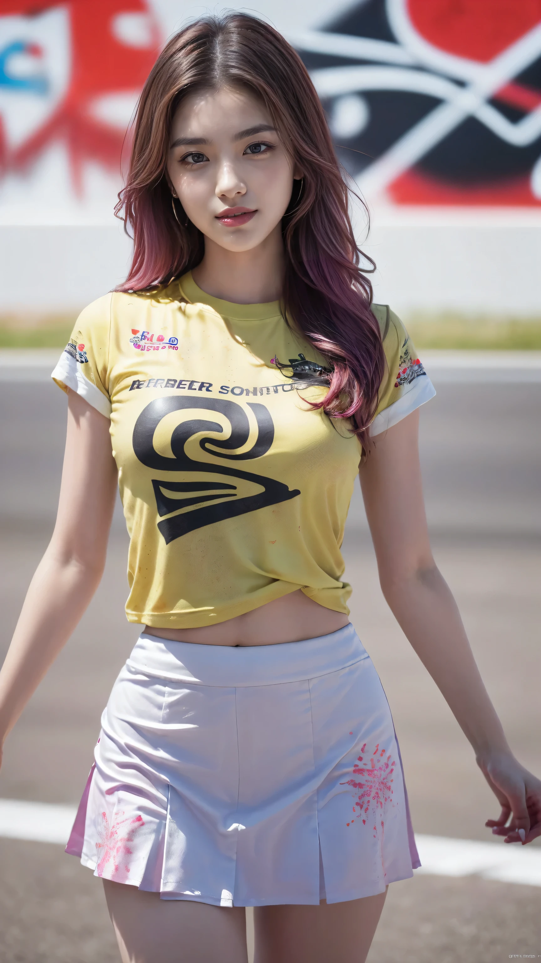 ([(absurd quality],high-res,masterpiece, realism,photorealistic)], Intricately detailed), portrait of a beautiful 23-year-old 1woman, (best quality details in realistic texture: skin, hair), (high-res Realistic brown_eyes, clear sharp, not blurry, super quality details:1.15), (([eyes|eyeshadows]:[brown|pink])), (thin eyebrows, perfect teeth, red lipstick, seductive makeup), ((anatomically correct)), ((perfect proportions)), best quality ((soft lighting)), sharp focus captured by Fujifilm XT3, f 5.6, ((perfect composition)), pale skin, (dry skin), (skinny body build:1.4), cleavage, (perfect hot model body:1.4), (Intricately Detailed white t-shirt, ((graffiti printed on a t-shirt)), wear:1.25), (minimalist provocative styling:1.2), (purple hair:1.2),(green pleated mini skirt:1.25), variations, (taut clothes), (firm and full breasts), beautiful cheekbones, Double eyelids, ((satisfaction smile, gorgeous appearance, electrifying appearance)), (Upper body shot), ((close up of her face:1.2)), ((Dynamic pose:1.2)), ((on the racetrack:1.3)), (((woman in the office))),