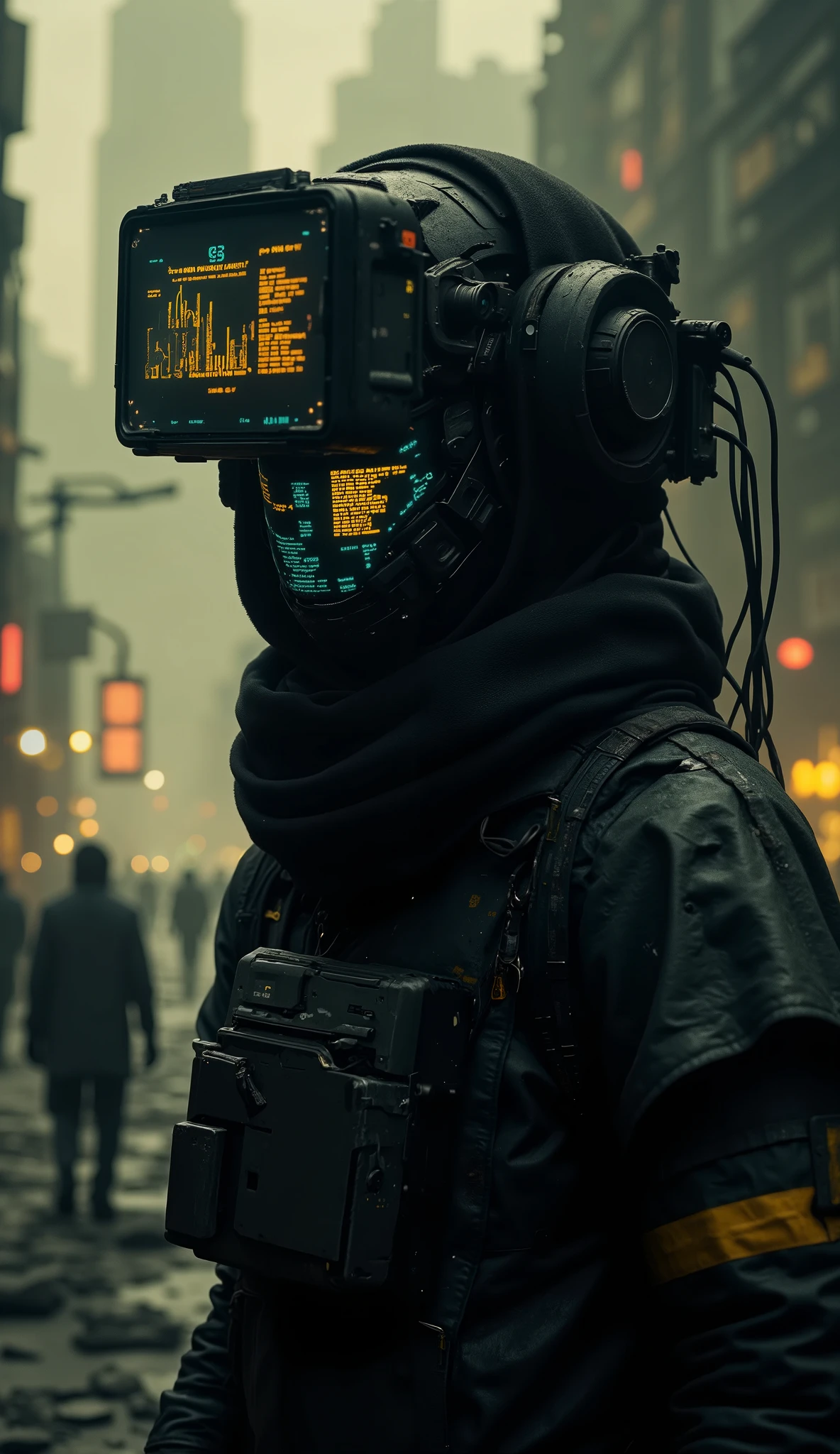 cyber information scout, dressed in sleek, dark mechanical armor with intricate, weathered details, stands in a dynamic pose. The armor is adorned with glowing neon accents in electric blue and vibrant yellow, highlighting its advanced technology. The scout's face is concealed by a high-tech visor that displays a glowing ASCII art and audio spectrum, shifting subtly in real-time, giving a playful yet mysterious vibe. The visor is surrounded by a network of holographic interfaces, projecting streams of data and cryptic symbols.
The scout's armor is equipped with an array of advanced visual devices, including telescopic lenses, infrared scanners, and augmented reality overlays, all integrated seamlessly into the design. Wires and cables extend from the armor, connecting to a portable data hub strapped to their back, emitting a faint hum of energy. The background is a bleak, dystopian cityscape, dominated by a palette of faded yellow and deep black, with towering skyscrapers and flickering neon signs in the distance.
The scout's silhouette is accentuated by the contrast of the glowing armor against the dark, smoky atmosphere. The scene is illuminated by sporadic bursts of light from distant explosions or passing drones, casting dramatic shadows. The overall style is hyper-futuristic, blending cyberpunk aesthetics with a touch of retro-futurism, creating a visually striking and immersive tech-driven atmosphere. The image should evoke a sense of mystery, danger, and cutting-edge innovation
