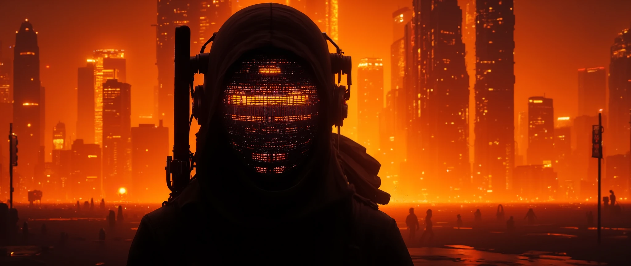 stunning aidmaHyperrealism
tangarine cityscape apoclypse A cyber information scout clad in dark mechanical armor, equipped with advanced visual devices that hide their face behind a glowing display - ASCII art is visible on the screen. A luminous, tangerine neon-lit background enhances the scout's silhouette. The detailed gear and wires extending from the armor seamlessly integrate with the surroundings. The overall style emanates a futuristic and tech-driven atmosphere, with a subtle dystopian touch