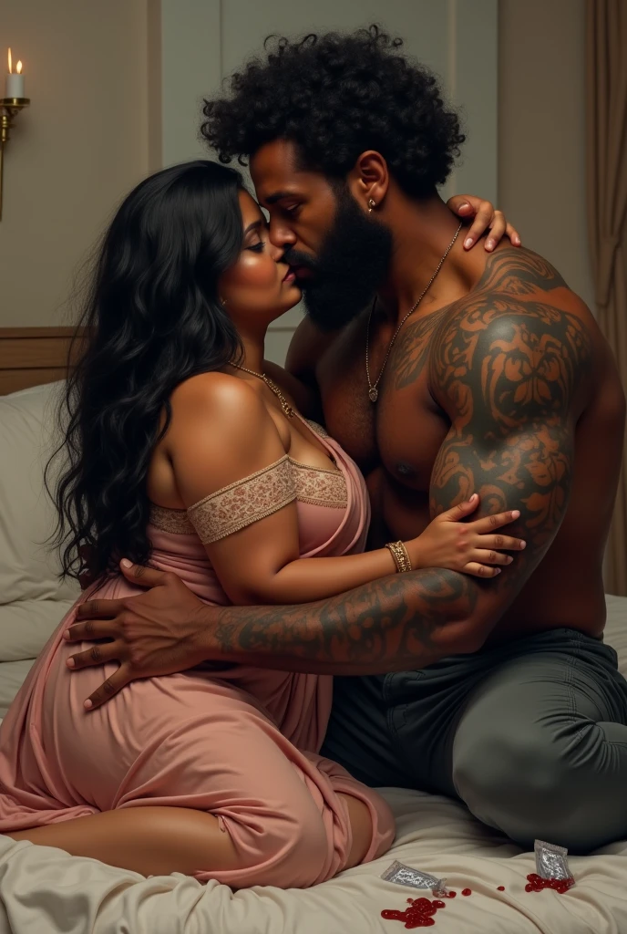 Newly wed indian couple, hot curvy south indian thick milf with single plaited hairstyle, big breast, big hip, big ass, thick thighs, woman wearing nighty, cleavage, indian couple, very short indian brown man with buzz cut, very big muscular body and beard, man wearing shorts, woman with man, couple in a big bedroom, high resolution, looking at camera, tall woman and short man, close-up potrait, Closed Mouth, serious face, man pinned woman on wall, man carrying woman