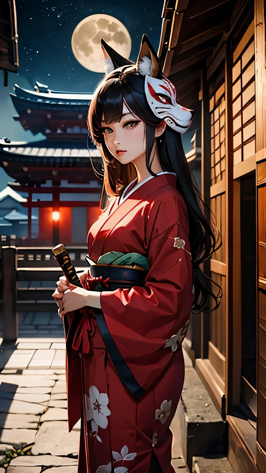 woman, Fox Mask, Japanese temple, katana grande, round luster , big moon, long hair, Red mascara. High details, high quality, student clothes