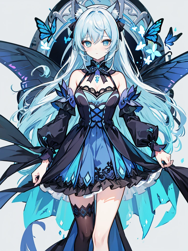 a women, blue butterfly, blue hair, pink eyes, blue dress