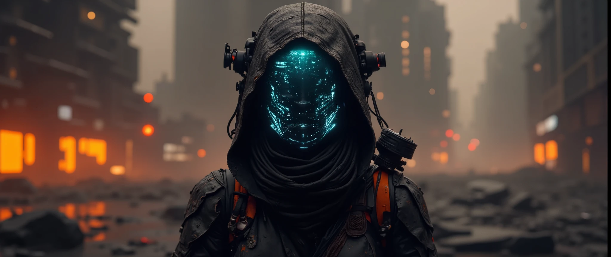 apoclypse cyber information scout, dressed in sleek, dark mechanical armor with intricate, weathered details, stands in a dynamic pose. The armor is adorned with glowing neon accents in electric blue and vibrant tangarine highlighting its advanced technology. The scout's face is concealed by a high-tech visor that displays a glowing ASCII art, shifting subtly in real-time, giving a playful yet mysterious vibe. The visor is surrounded by a network of holographic interfaces, projecting streams of data, sound analysis and cryptic symbols.
The scout's armor is equipped with an array of advanced visual devices, including telescopic lenses, infrared scanners, and augmented reality overlays, all integrated seamlessly into the design. Wires and cables extend from the armor, connecting to a portable data hub strapped to their back, emitting a faint hum of energy. The background is a bleak, dystopian cityscape, dominated by a palette of faded tangarine and deep black, with towering skyscrapers and flickering neon signs in the distance.
The scout's silhouette is accentuated by the contrast of the glowing armor against the dark, smoky atmosphere. The scene is illuminated by sporadic bursts of light from distant explosions or passing drones, casting dramatic shadows. The overall style is hyper-futuristic, blending cyberpunk aesthetics with a touch of retro-futurism, creating a visually striking and immersive tech-driven atmosphere. The image should evoke a sense of mystery, danger, and cutting-edge innovation