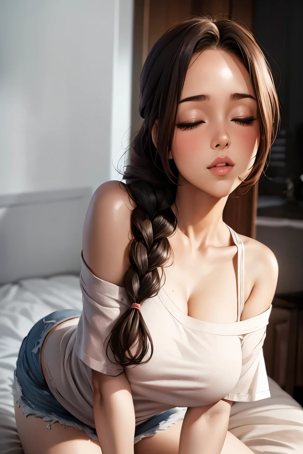 Sexy thick woman, black hair in a braid, plump face, medium nose, perfect pink lips parted, flustered, lustful , blushing intensely, fairest skin, loose oversized orange t shirt, pinned against the wall