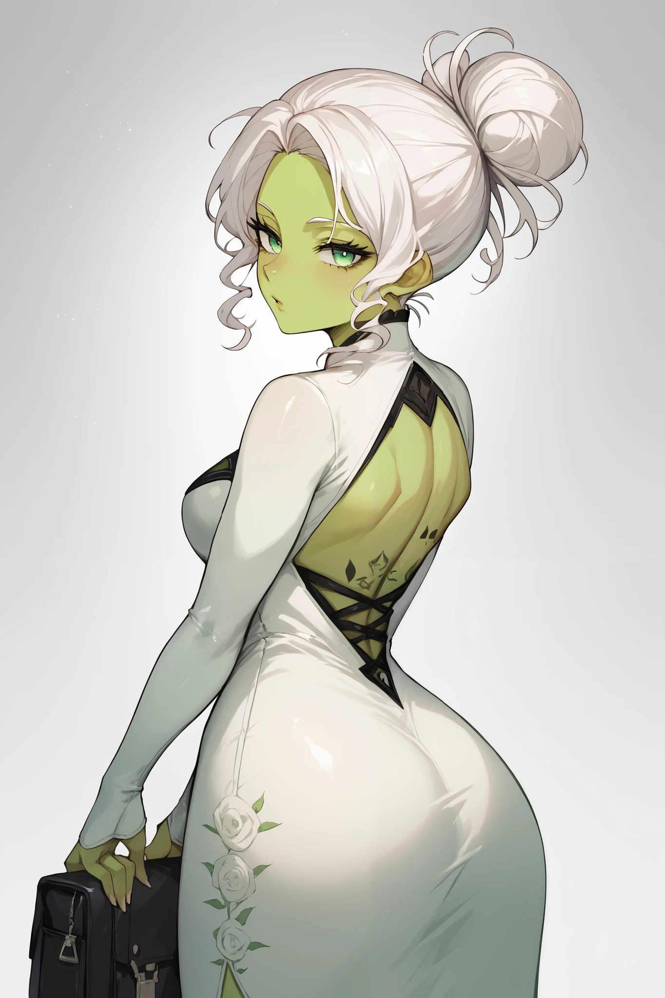 Woman, Green skin,  white hair, curly hair, Hair tied in a bun, ,  green eyes, anime style, white bodycon dress , white Long sleeved dress,Black marks on the body