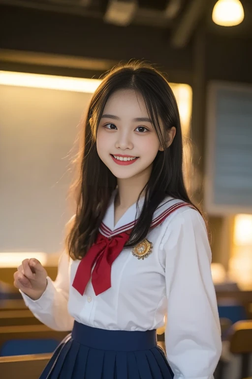 peace sign (highest quality,8K quality,masterpiece:1.3),(ultra high resolution,Photoreal:1.4,Raw photo),(Super detailed,caustics,detailed background),(ultra-realistic capture,Fine and beautiful skin,perfect anatomy),at dusk,sunset sky,school building,schoolyard,18-year-old,cute,double eyelid,black long hair,school blazer uniform,look at the camera,laughter,bust up shot,natural soft light