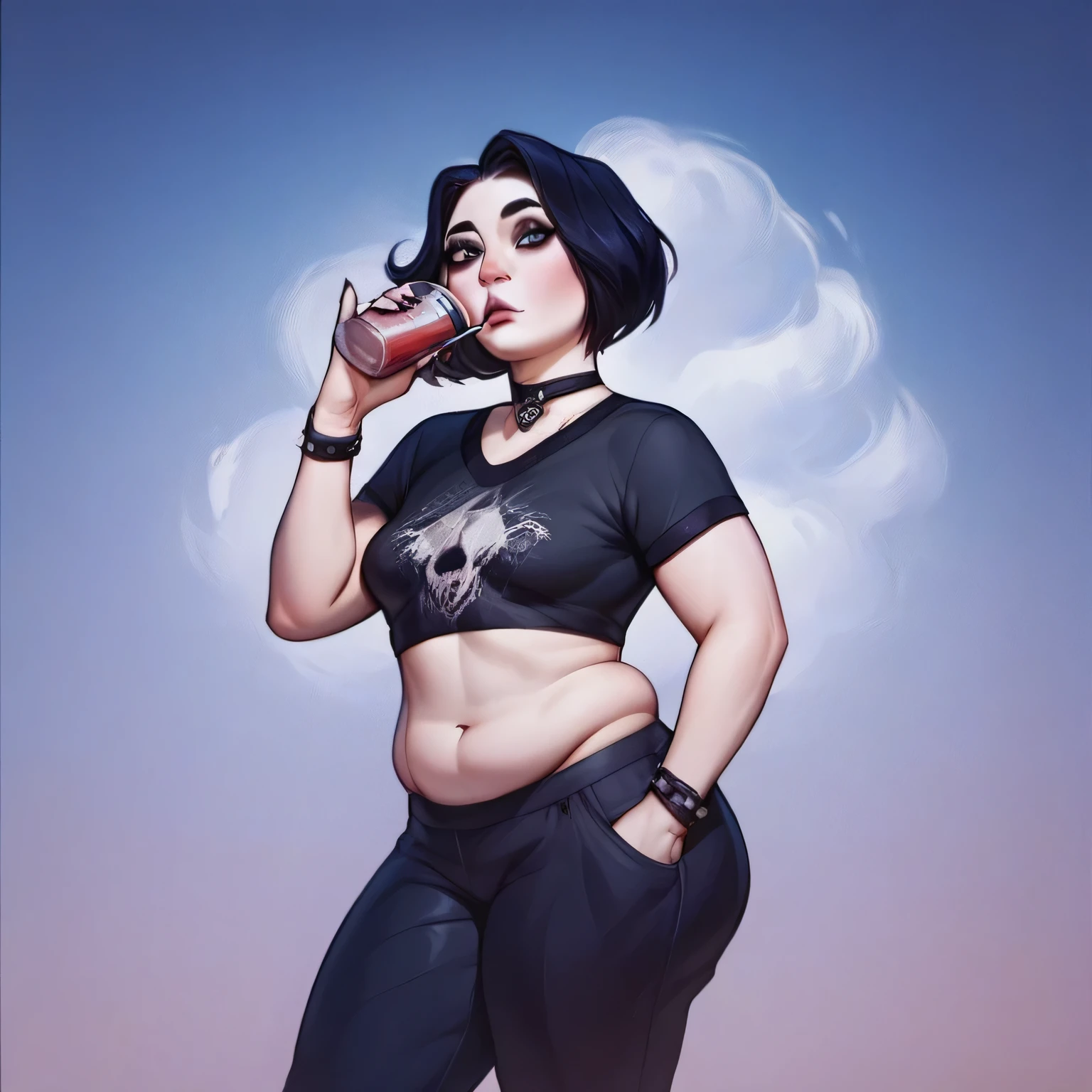 Goth girl, big cleavage, bikini, barefoot, full body, big bust, kneeling, eye contact, looking at viewer, blowjob, cheek bulge, drinking cum
