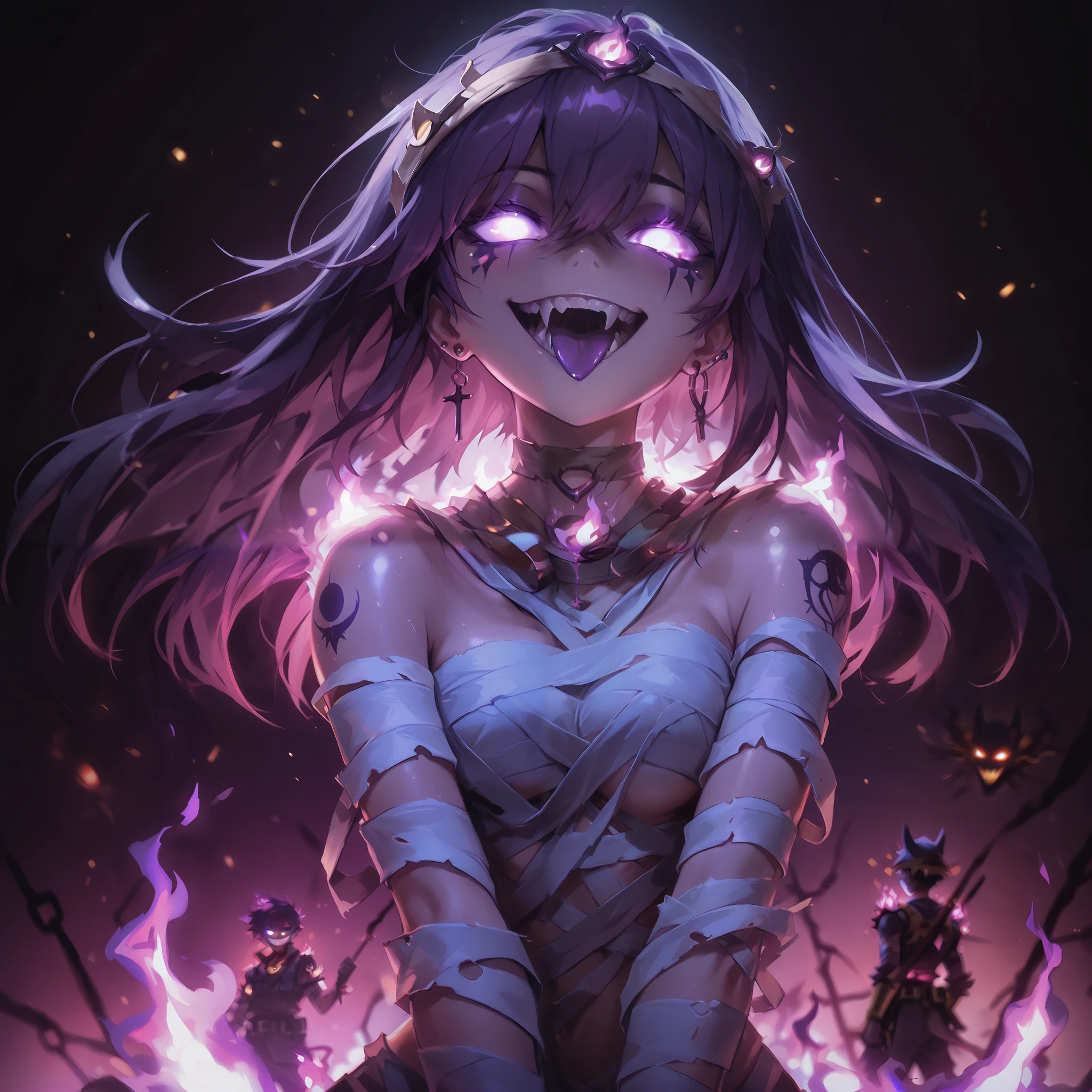 ( soldier), ( masterpiece), ( best quality), ( depth of field), (sharp focus), ( cinematic lighting), ( tattoos), 1 , crazy smile, dams, with tongue out , glowing eyes, short hair, Egyptian style, Egyptian makeup, purple neon tattoos, piercings de ouro, psychotic, psycho, A dark lighted anime mummy female with purple glowing eyes, deep eyes, neon purple hair and a lot of purple energy, psycho smile, sexy mummy bandages, evil vilaness, ((purple flames in the background)), sharp teeth, (sexy pose), (((purple gradient background:1.4))), energy, Energetic, phonk, Brazilian phonk, Simple Design, Simplified --s 100 --niji 5 --ar 1:1