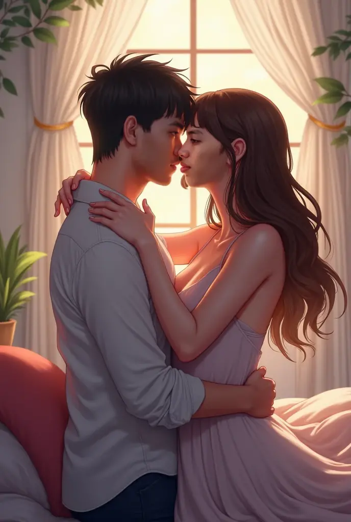 Create a image of a couple, in which the boy is wearing wearing his shorts which white in colour hugging her girlfriend from her back and taking mirror selfie, the girl is wearing her white night dress with her coffee brown long hair till her mid waist , the girl is sitting on boys laps and his face is buried in her neck . Background with baby pink and white curtains.