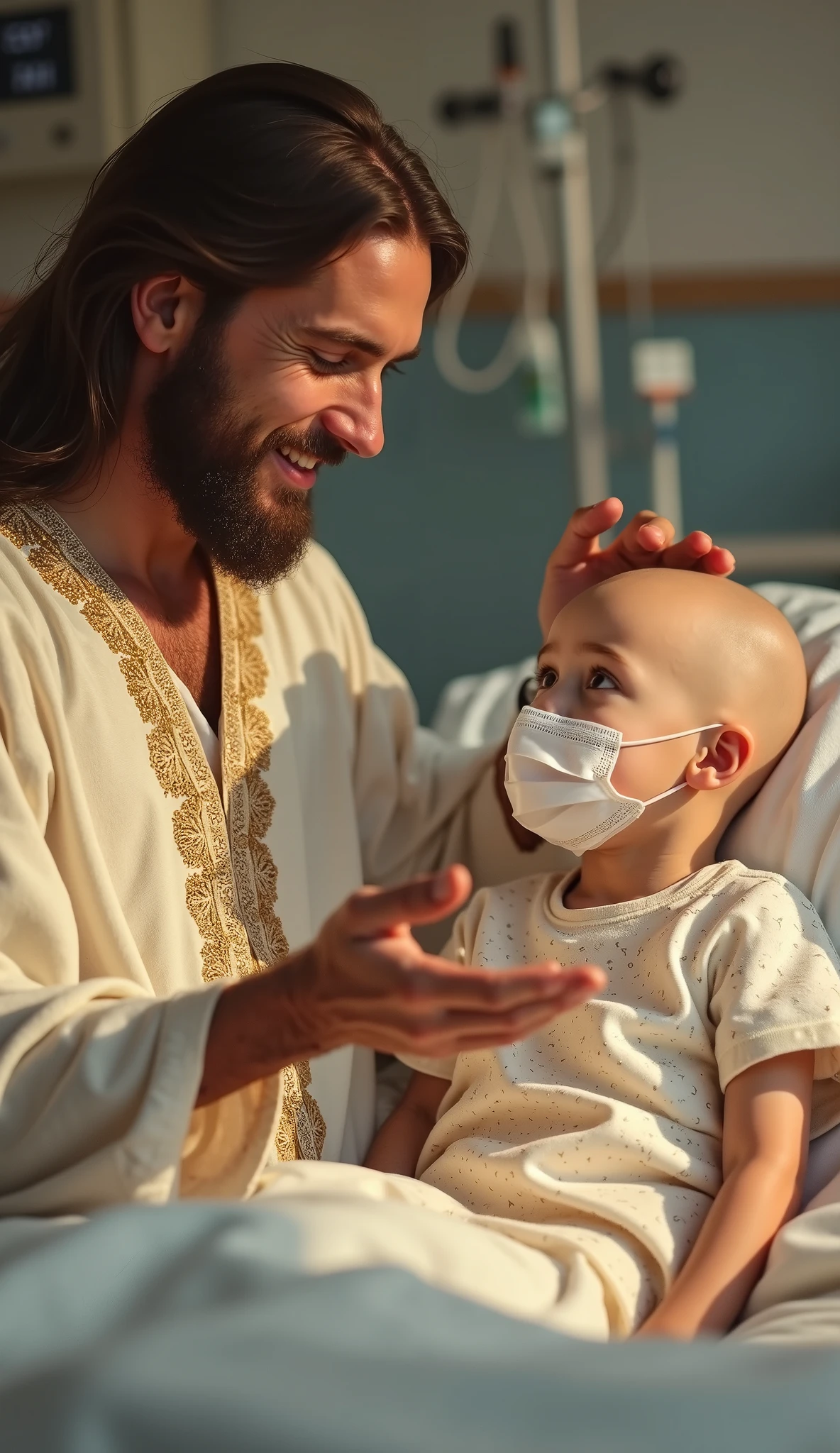 "A realistic and emotional hospital scene. A young, bald , around 5 to , sits on a hospital bed wearing a light gown with soft patterns. The wears a small medical mask and looks up at Jesus with hope. Jesus, with long brown hair and a well-groomed beard, places his hand gently on the 's head in a blessing. He wears a white robe with golden embroidery, his expression full of compassion. The hospital room has soft, warm lighting, with an IV drip and monitors in the background. The image conveys comfort, faith, and divine protection."